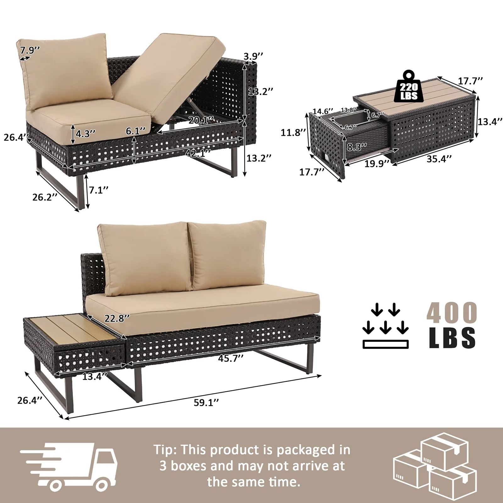 6-Piece Outdoor Sectional Furniture Set for Patio, Expandable Coffee Table w/ Ice Bucket & Collapsible Seat, Deep Cushions - Khaki