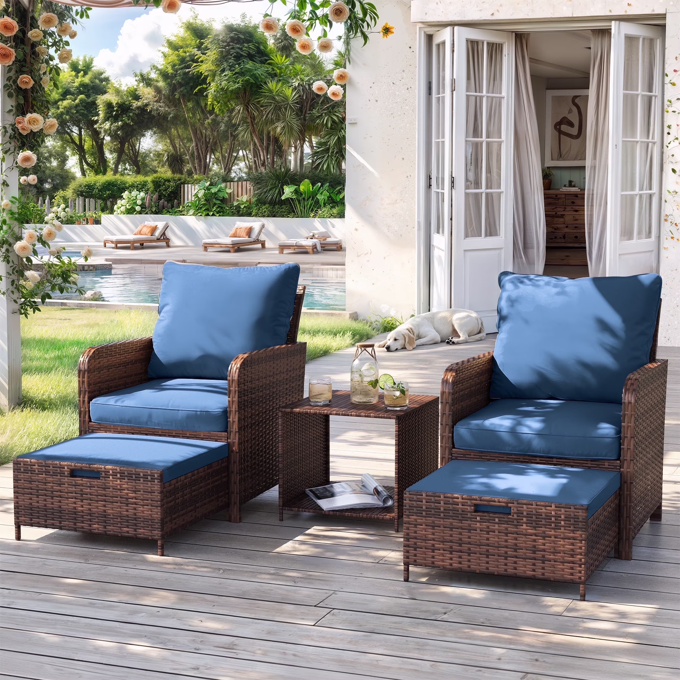 Poteban Balcony Furniture 5 Piece Patio Furniture Set, Outdoor Patio Chair with Ottoman for Front Porch Deck, Wicker Lounge Chair with Side Table, Grey