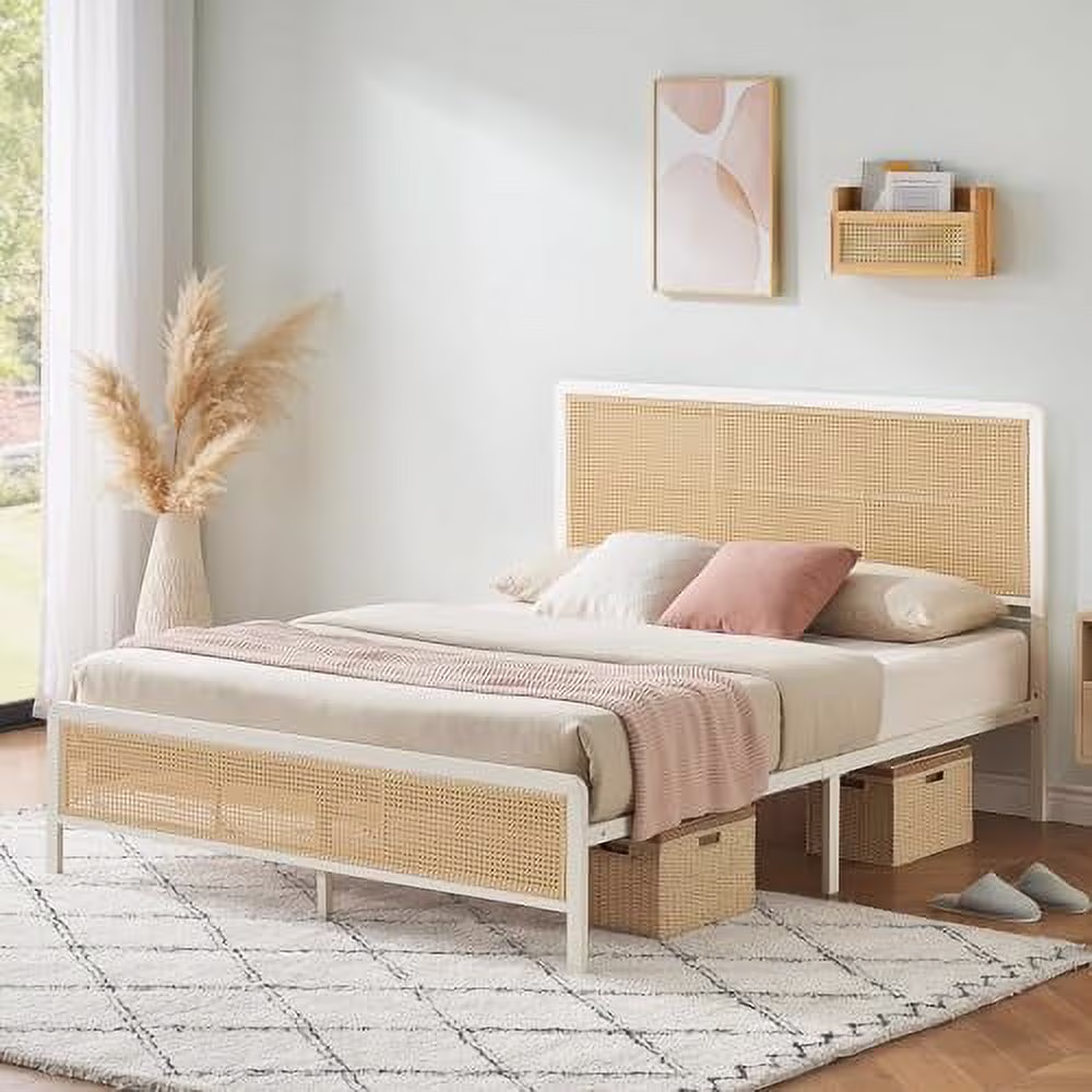 Platform Bed Frame with Natural Rattan Headboard Modern Cane Bed Frames with Heavy Duty Sturdy Steel Slat Support No Box Spring Needed Easy Assembly