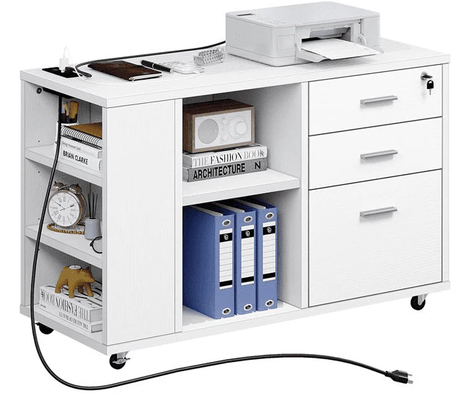 Dextrus File Cabinet with Charging Station, Mobile Lateral Filing Cabinet with Lock for Home Office, Printer Stand with Open Storage Shelf, Fits A4, Letter, Legal Size Files, Office Furniture, Black