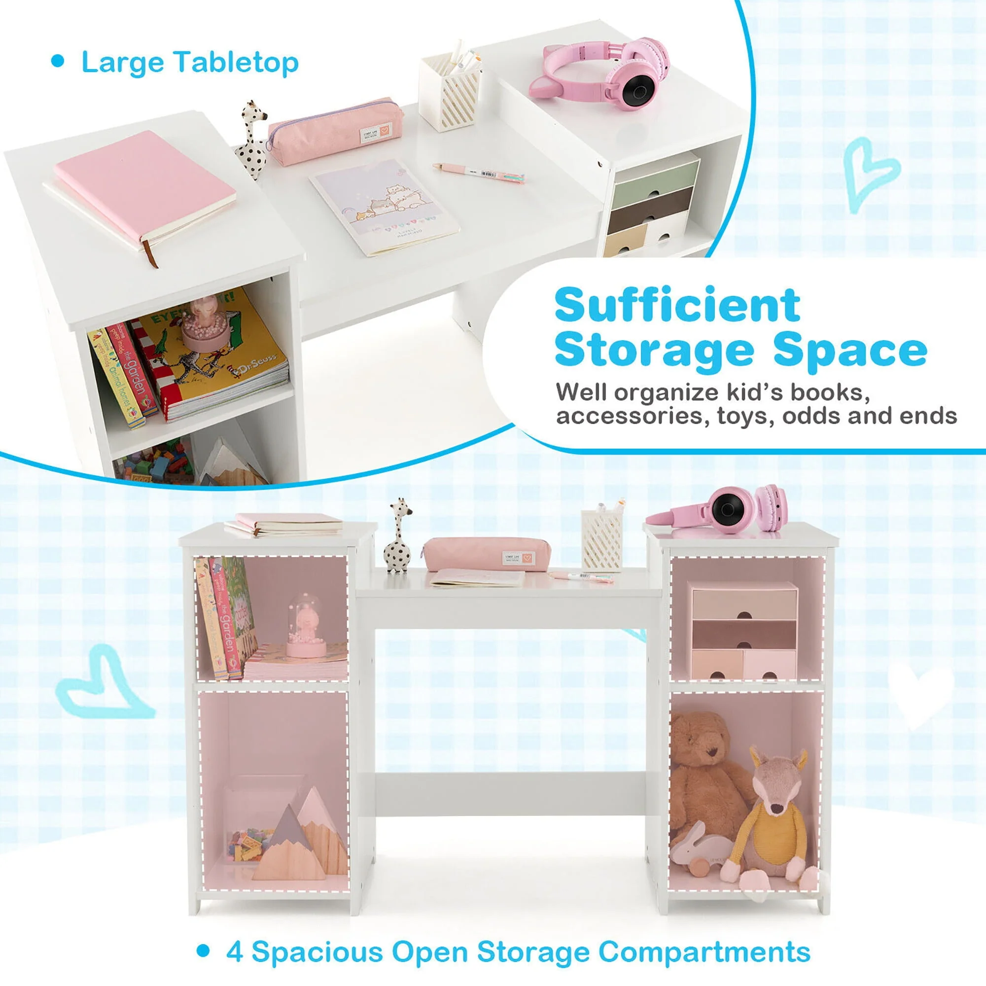 Gymax Kids Vanity 2 in 1 Princess Makeup Desk & Chair Set Safe Tri-fold Mirror White