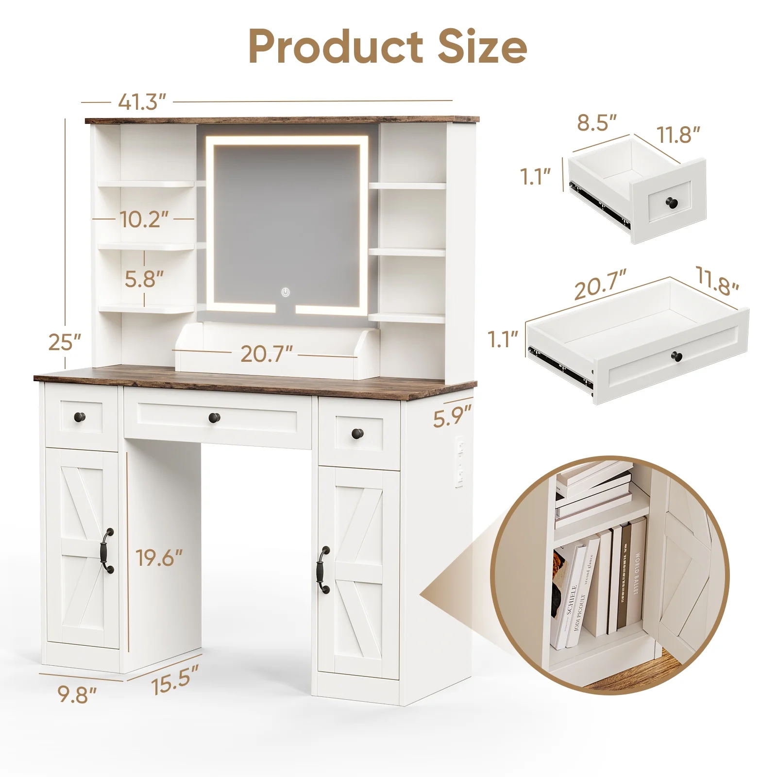 Vanity Desk with Chair, White Makeup Desk Set with Mirror & LED Lights, Vanity Table with Power Strip, 2 Drawers, 4 Shelves