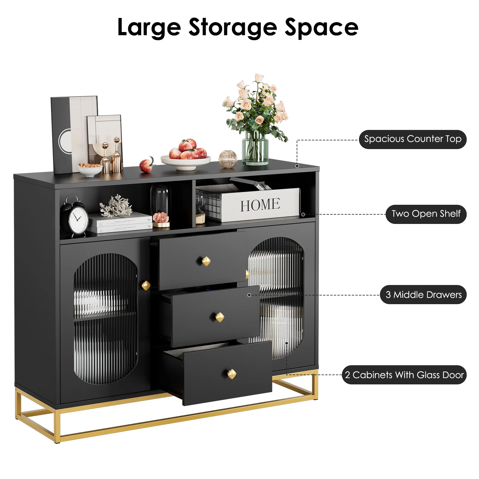 Homfa Sideboard Buffet, 3 Drawers Accent Cabinet with Open Shelf & Glass Doors, Black