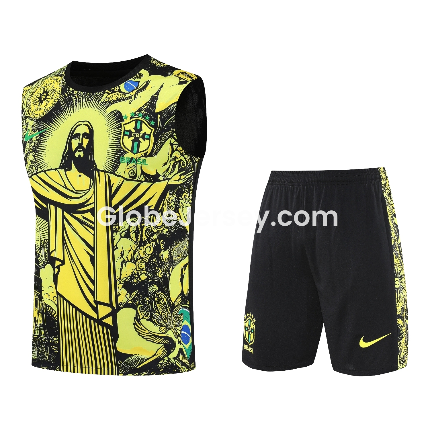 Brazil 25-26 Yellow Jesus Statue Vest Training Set - Yellow Vest & Black Shorts