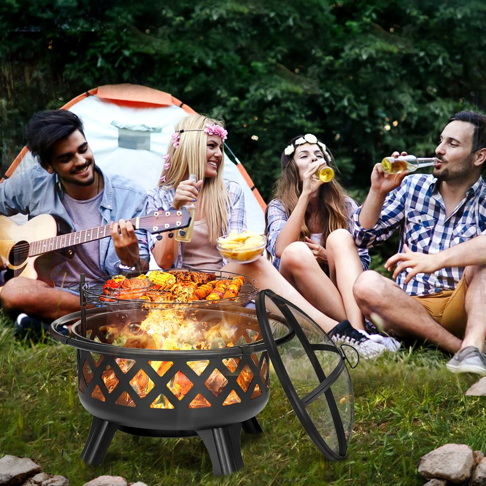Singlyfire 30 inch Fire Pits for Outside with Grill Outdoor Fire Pits Wood Bowl 2 in 1 BBQ Firepit