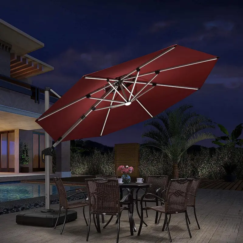 12-Foot Solar-Powered LED Cantilever Patio Umbrella – Wind-Resistant Round Outdoor Parasol with Built-in Lights
