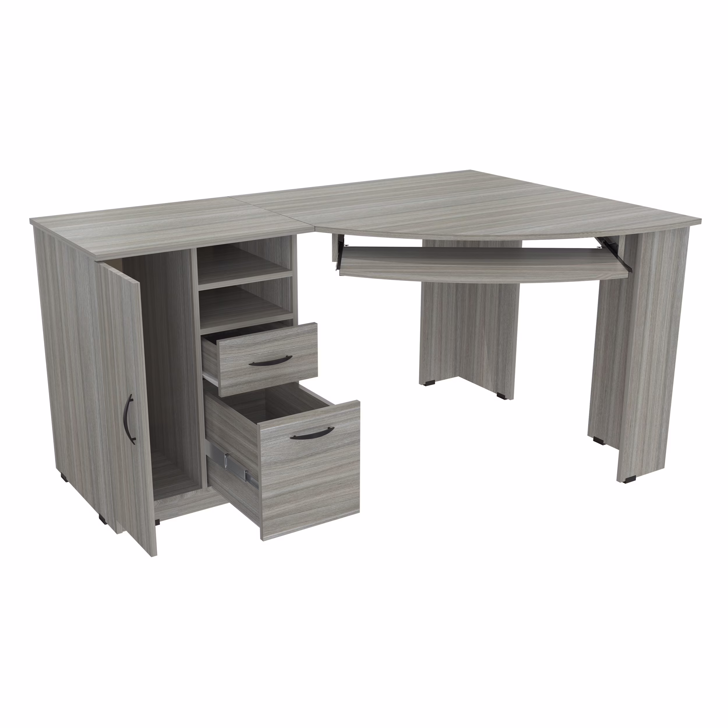 Inval Modern Corner Desk with 2 Drawers and Cabinet, Washed Oak