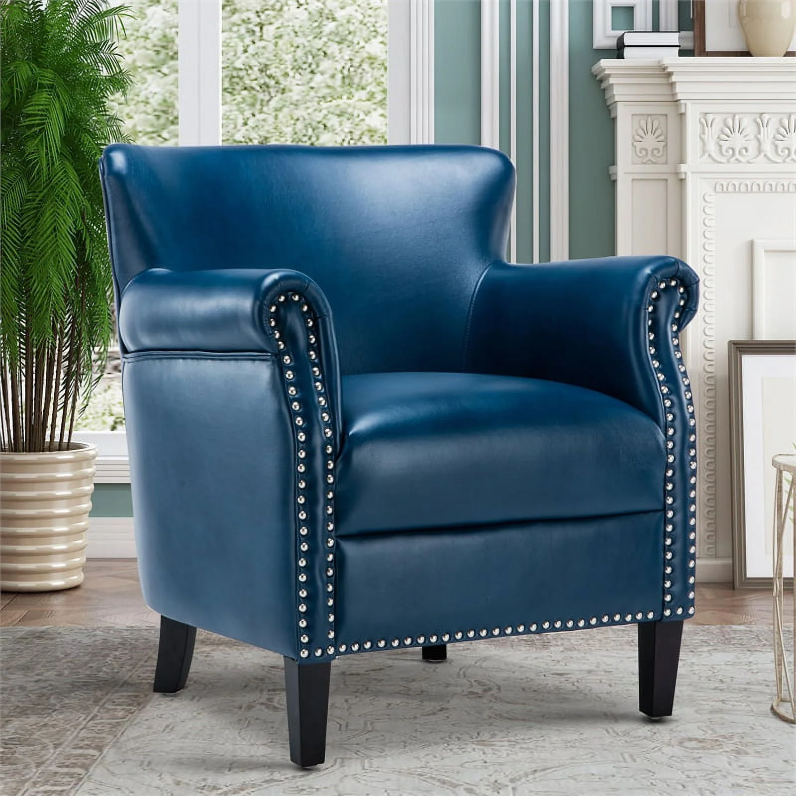 Comfort Pointe Holly Navy Blue Faux Leather Club Chair with Nail Head Trim