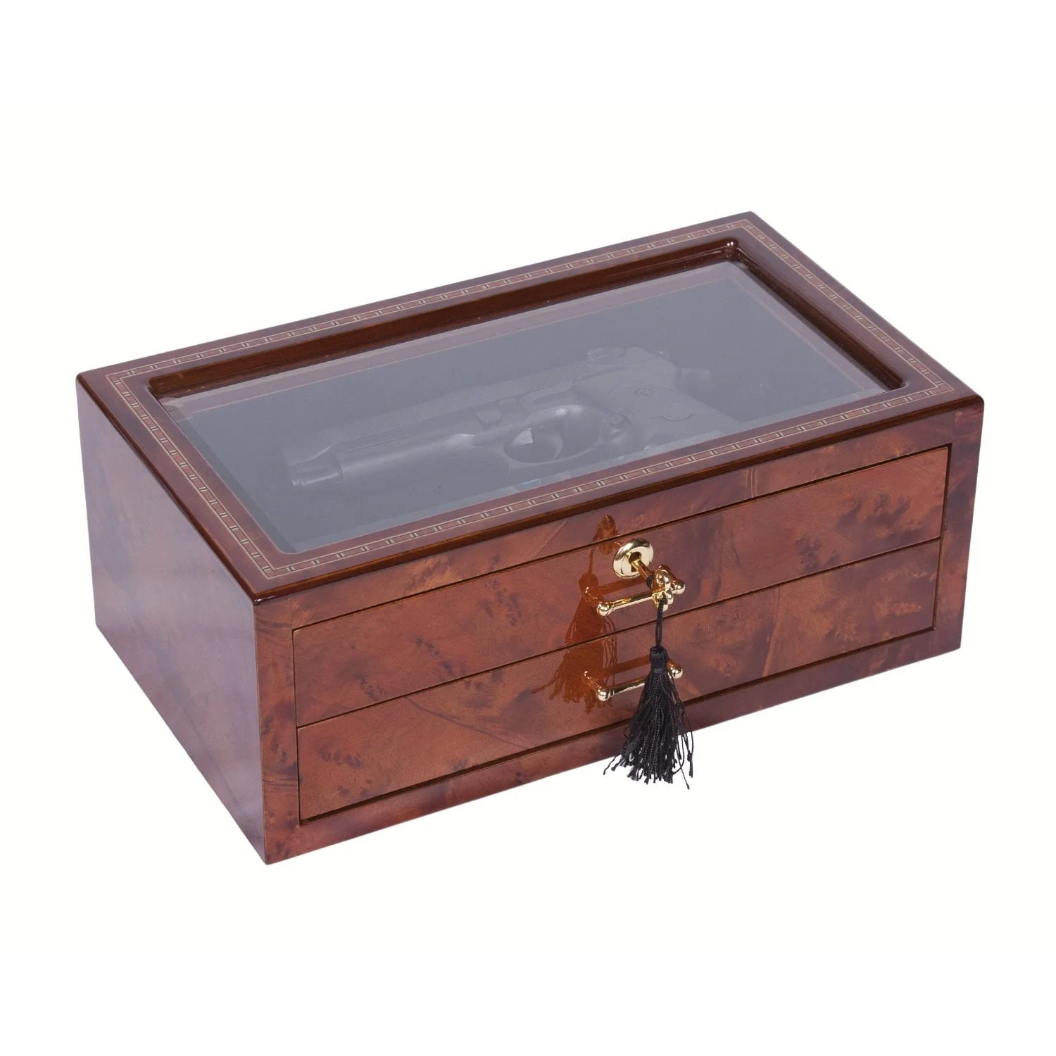 Inlay Wood Veneer Glass 2 Drawer Collector Box