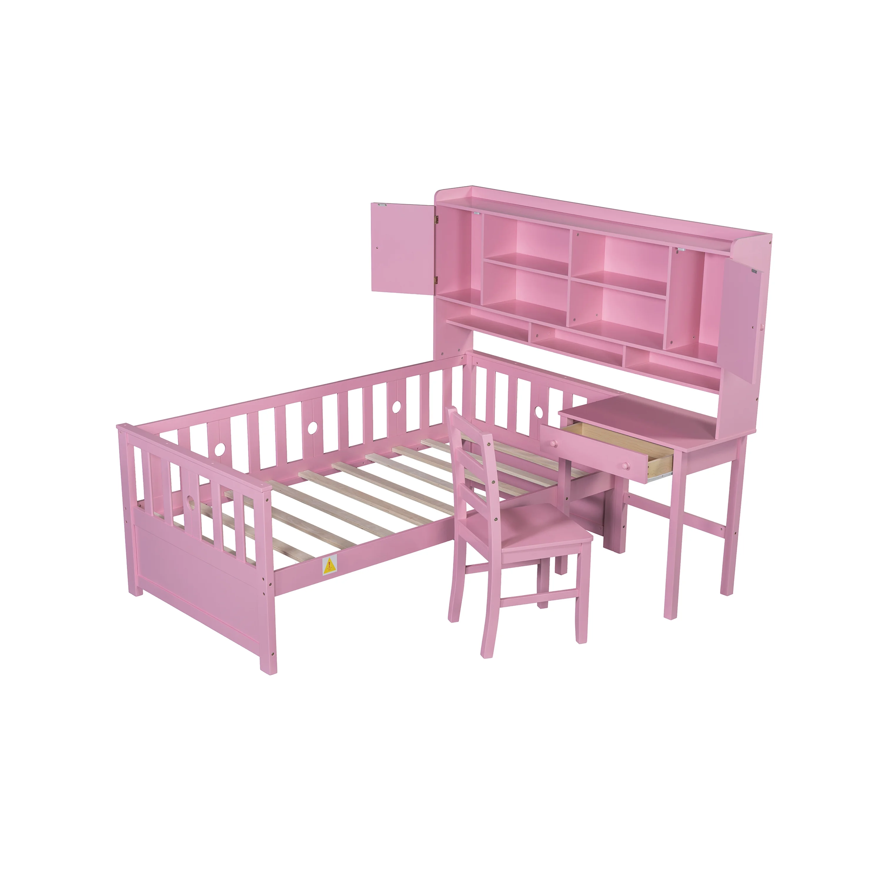 Euroco Wood Twin Size Platform Bed with Desk and Shelves, Table and Chair Set for Kids, Natural