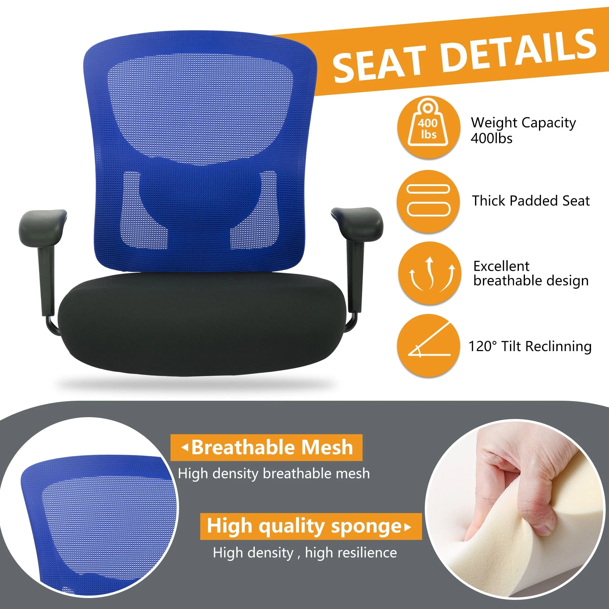 PayLessHere Ergonomic Desk Chair Office Chair Computer Chair 400lbs with Lumbar Support Wide Seat Adjust Arms Rolling Swivel High Back Task Executive Big and Tall Office Chair for Home Office，Blue
