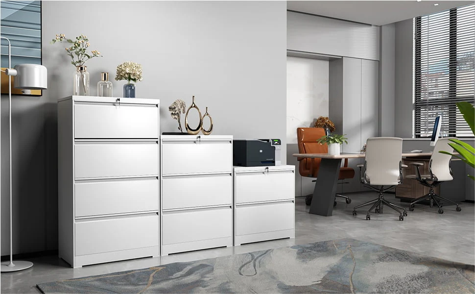 Supeer Four Drawer Metal Lateral File Cabinet, Storage White File Cabinet with Large Deep Drawers, Locking Wide File Cabinet for School, Office, Home,  Assembly Required