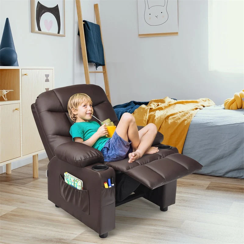 Kids Recliner Chair PU Leather Adjustable Lounge Sofa with Cup Holder. 3 Pockets & Retractable Footrest. Ergonomic Toddler Furniture Sofa