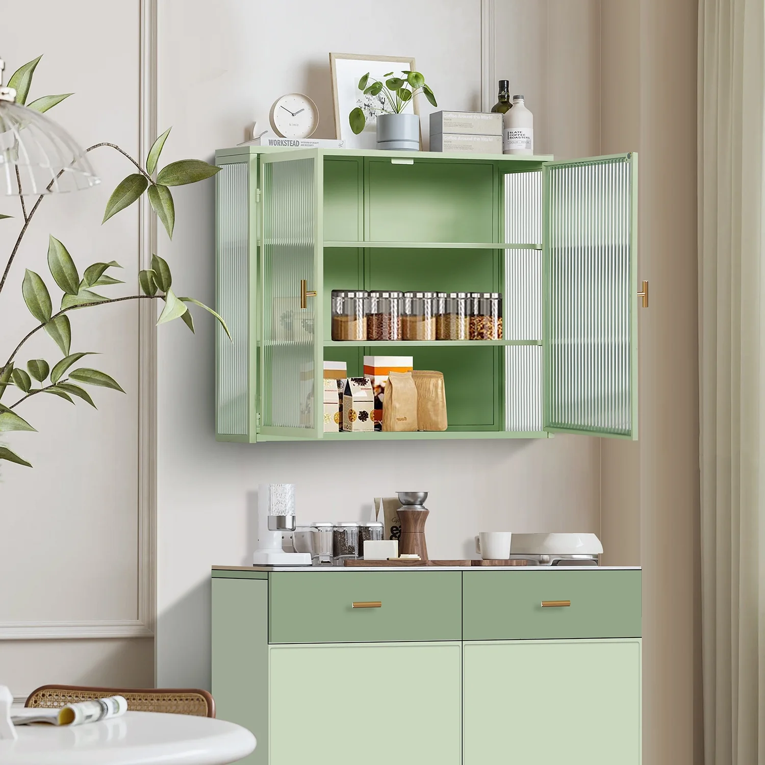 Royard Oaktree Metal Wall Cabinet with Glass Doors 3-Tier Wall Mounted Storage Cabinet with Detachable Shelves Modern Medicine Cabinet for Kitchen Bathroom Living Room, Mint Green