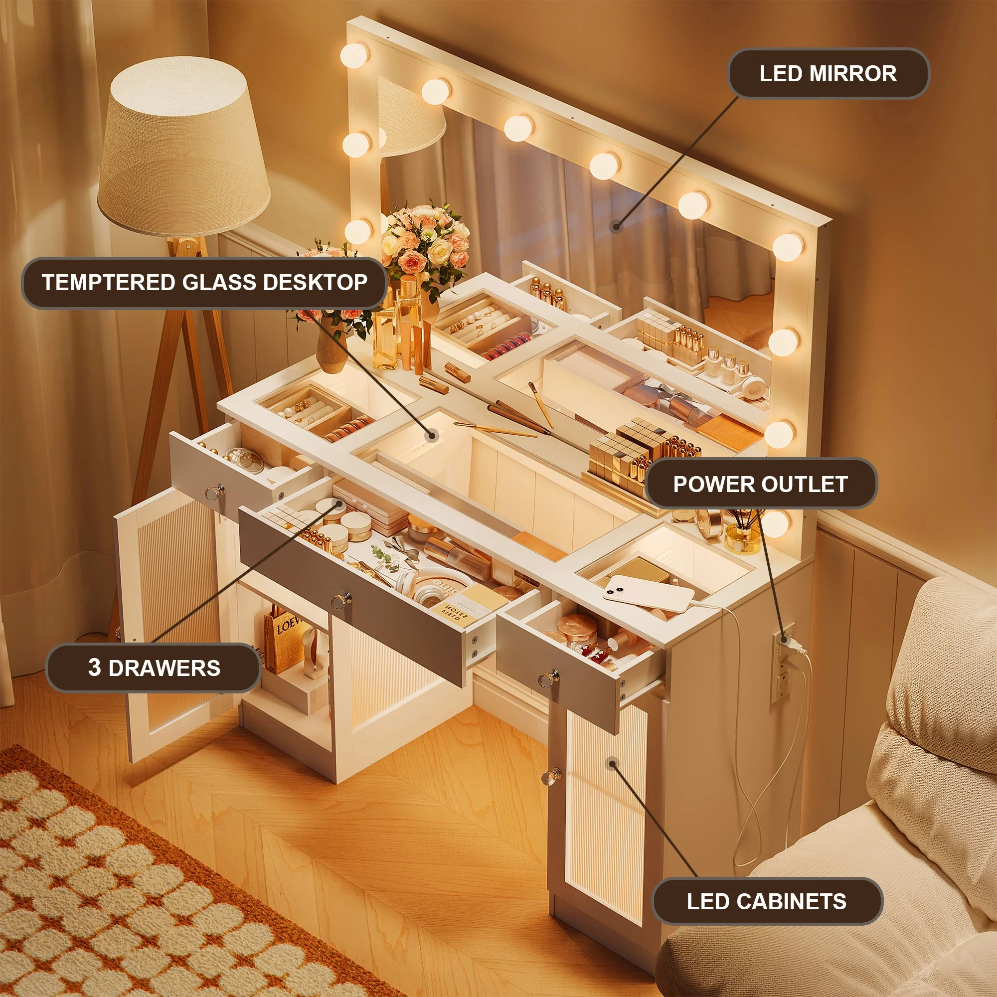 ABOVOBA Vanity Desk with Mirror and Lights,3 Drawers and Power Outlet Makeup Vanity for Women,White