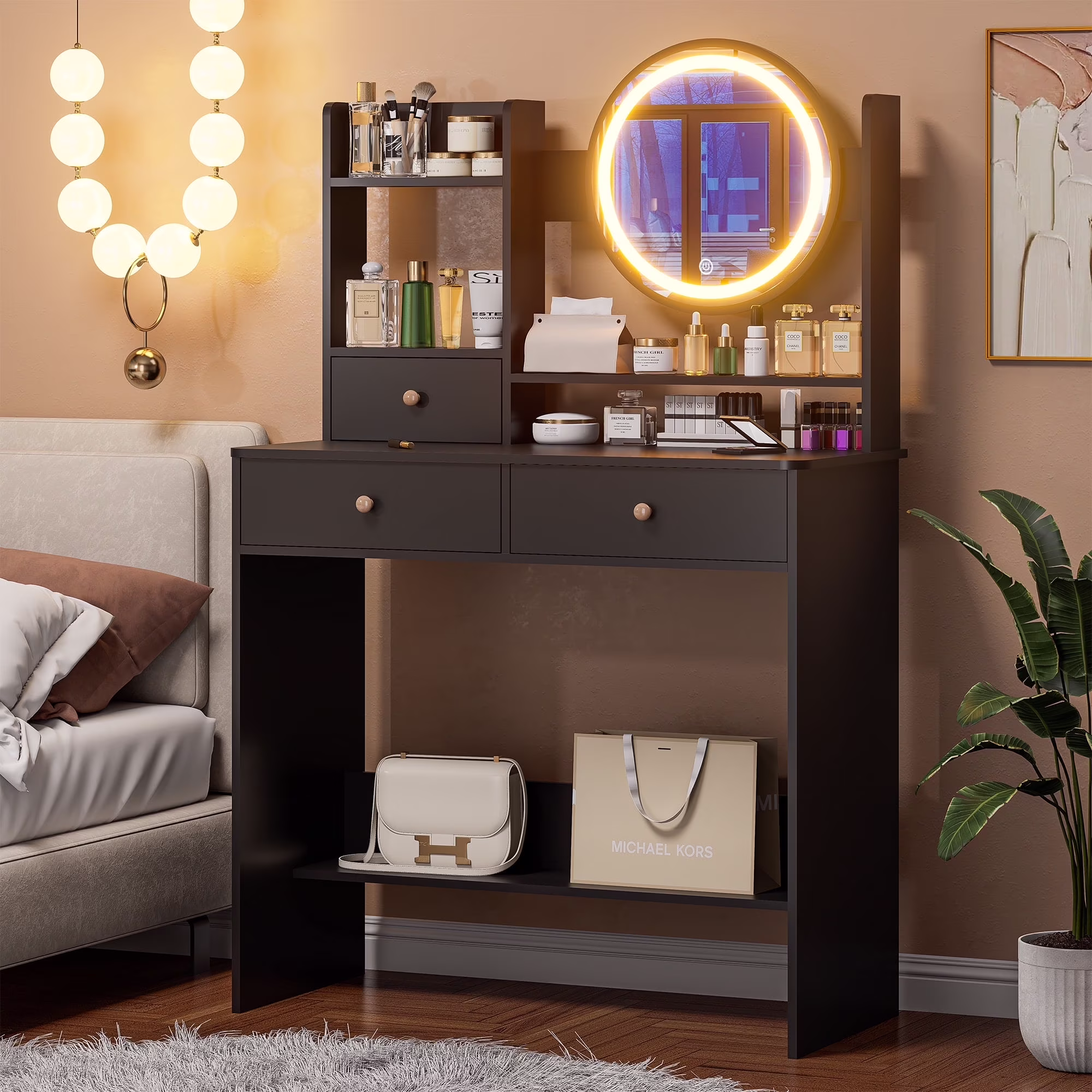 Vanity Desk with LED Lighted Mirror, Makeup Vanity Desk with 3 Drawers & Storage Shelves, 3 Color Modes, Dressing Table for Bedroom, White