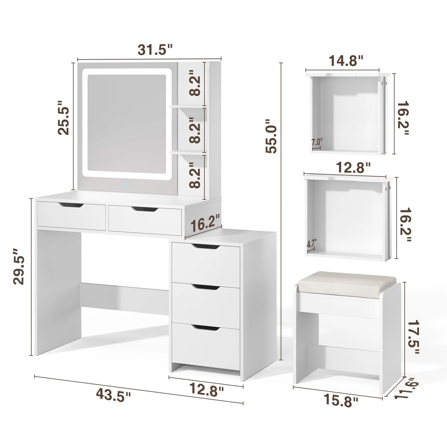 Bedroom Furniture Set,Lofka Queen Bed Frame, 2 Wood 4 Drawer Dressers &Vanity Desk with Table, Mirror and Lights for Large Bedrooms