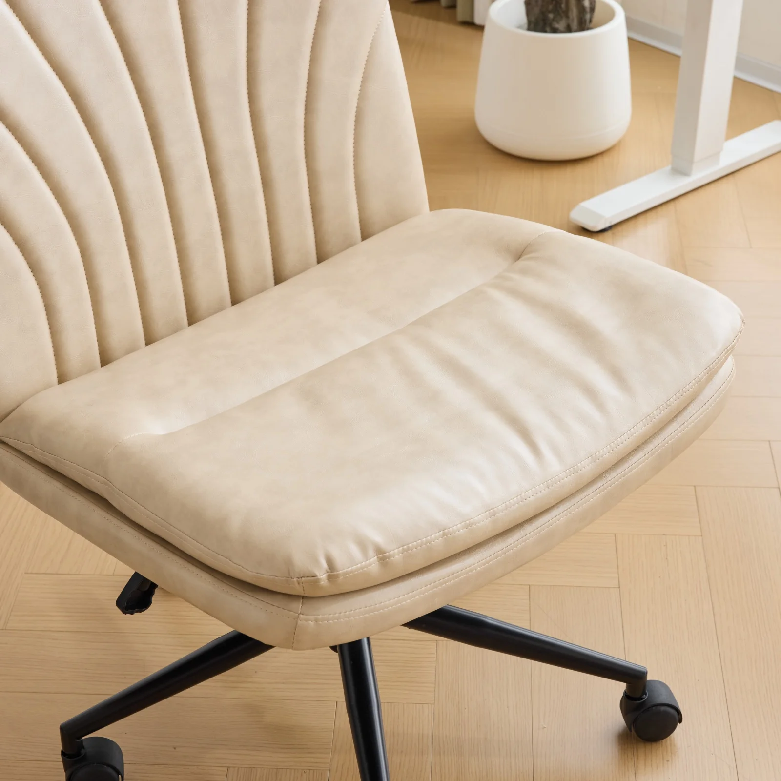 Ktaxon Armless Office Chair Swivel Study Chair Adjustable Desk Chair with Criss Cross Legs and Wheels for Conference and Home Faux Leather Gray