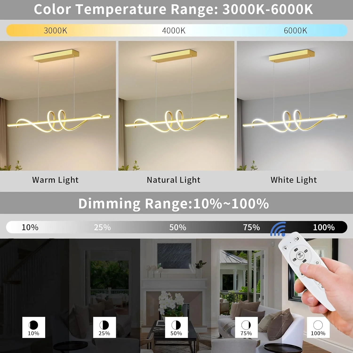 Modern Led Chandelier Dimmable Desk Linear Pendant Light with Remote Control Dimmable 3 Color Mode & Brightness Ceiling Lamp Dining Light Fixture for Kitchen Dining Room 39inch Black