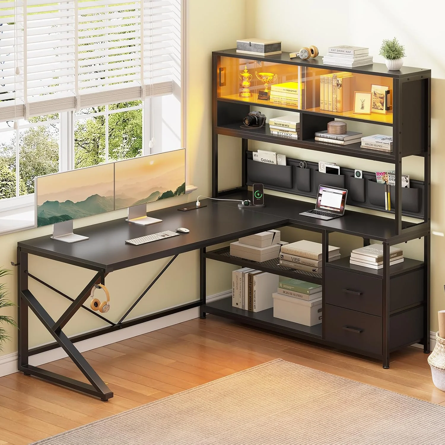 L Shaped Computer Desk with 2 Drawer and Bookshelf, L Shaped Gaming Desk with LED Light, Black