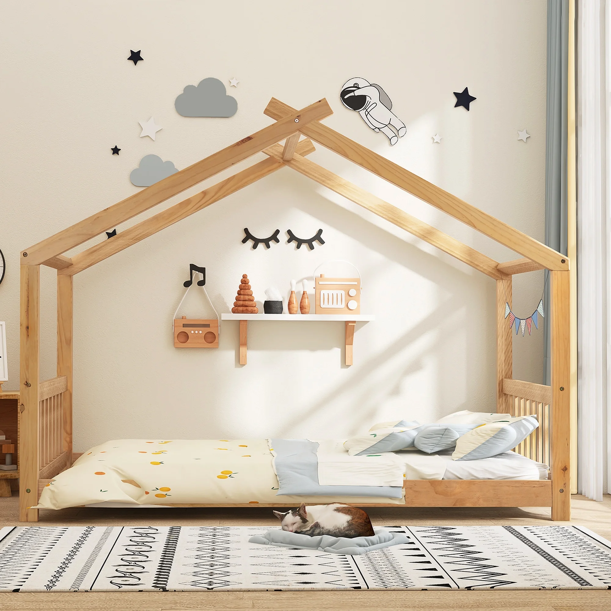 Euroco Wood House-Shaped Twin Platform Bed for Kids, Low Profile House Bed, No Box Spring Needed, Wood Color