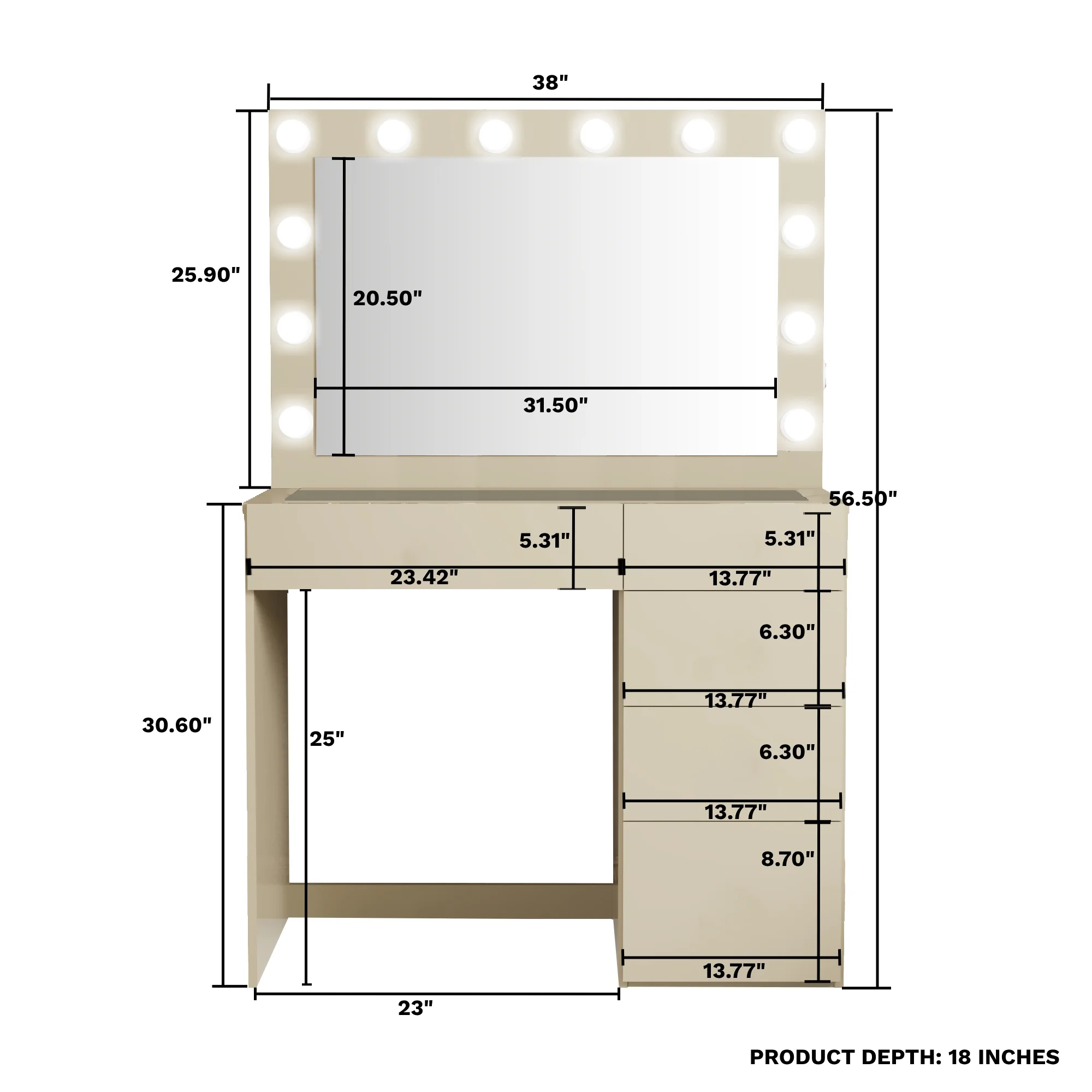 Boahaus Alana White Vanity Desk with LED Lighted Mirror, 5 Drawers, Jewelry Divider, Bluetooth Speakers, and Charging Station