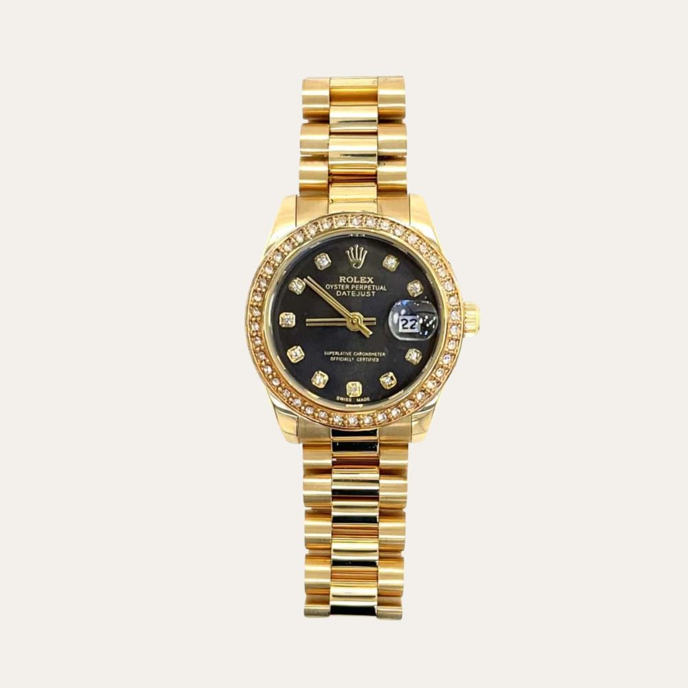 Rolex Lady Datejust 28 Diamond Dial 18K Gold In Black 28Mm