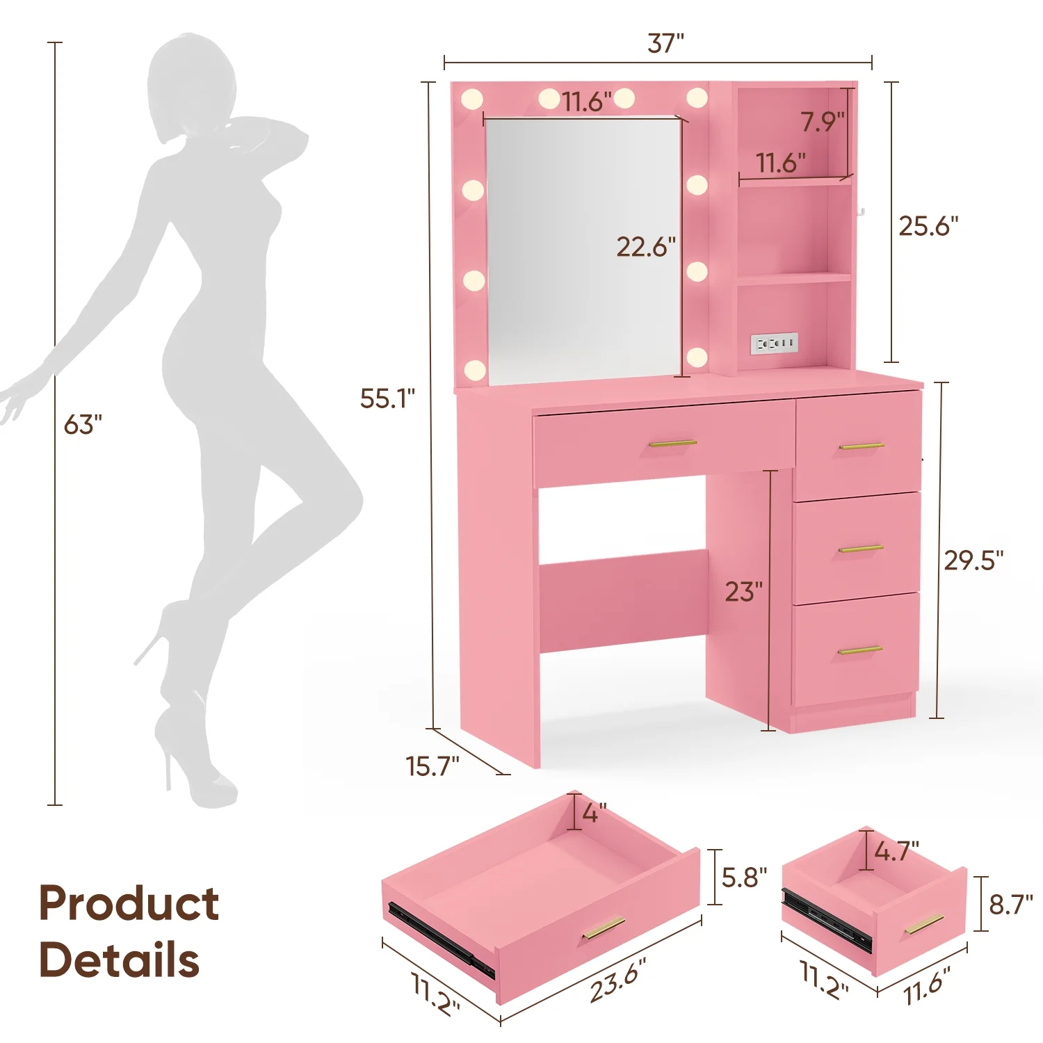 Cottinch Vanity Desk 3 Color Lighted Mirror,Makeup Dressing Table with 4 Drawers and Storage Shelves,2 Outlets,2 USB Ports,White