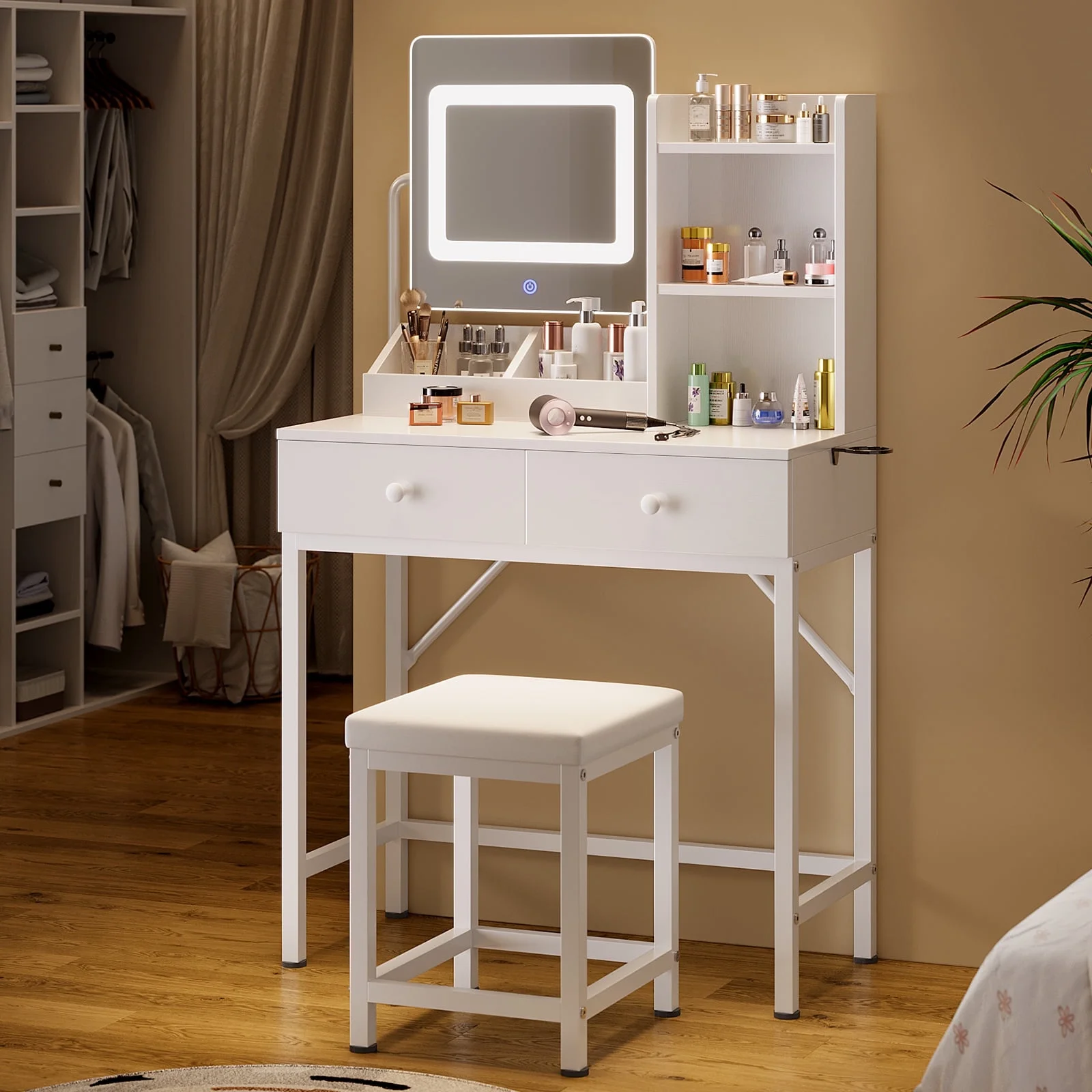 Asofer Vanity Desk with Mirror and Adjustable Light, White Makeup Vanity Set with 5 Drawers for Bedroom, Dressing Room