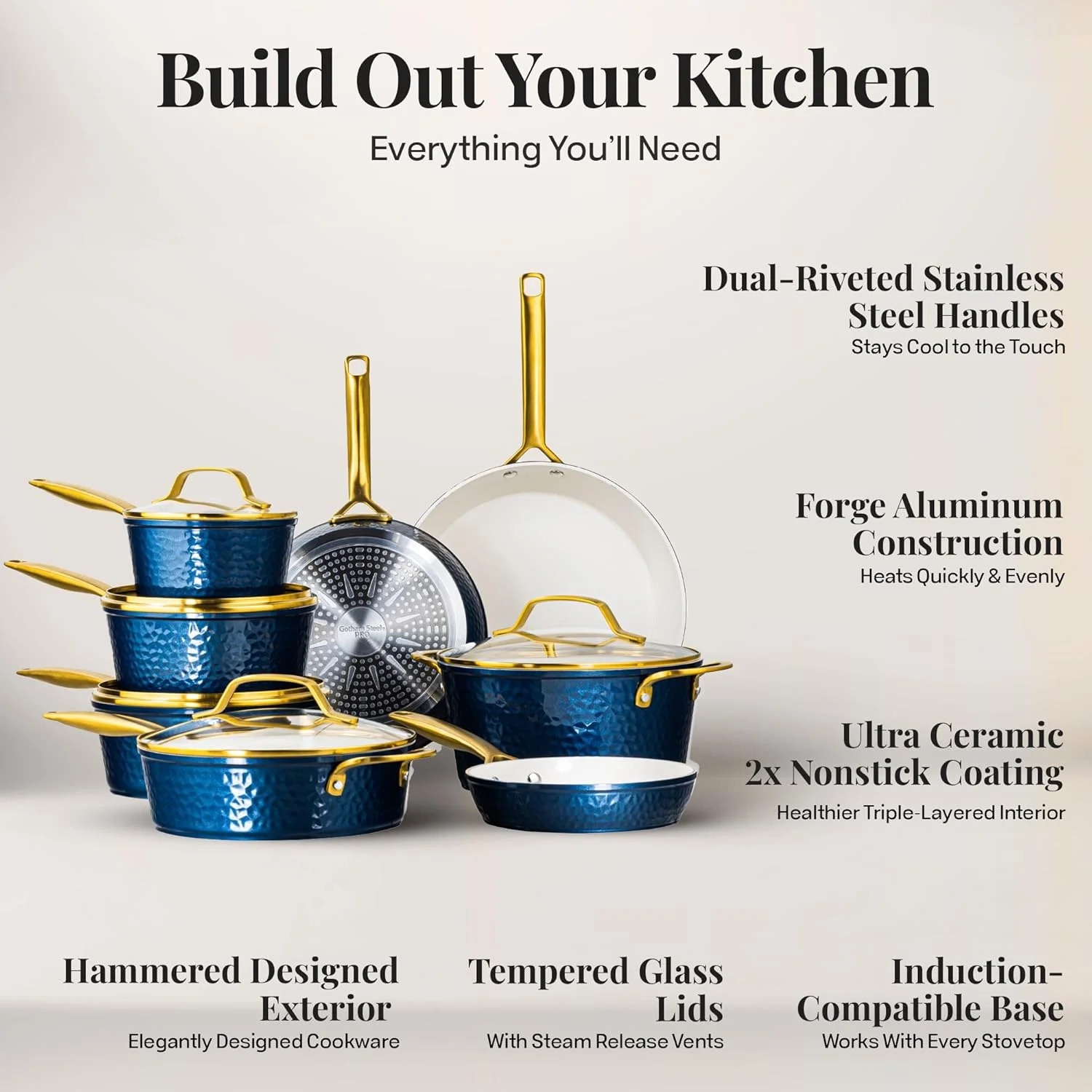 Gotham Steel Hammered 20 Pc Ceramic Cookware Set Nonstick, Induction Pots and Pans Set, Non Toxic Cookware Sets, Oven & Dishwasher Safe - Copper