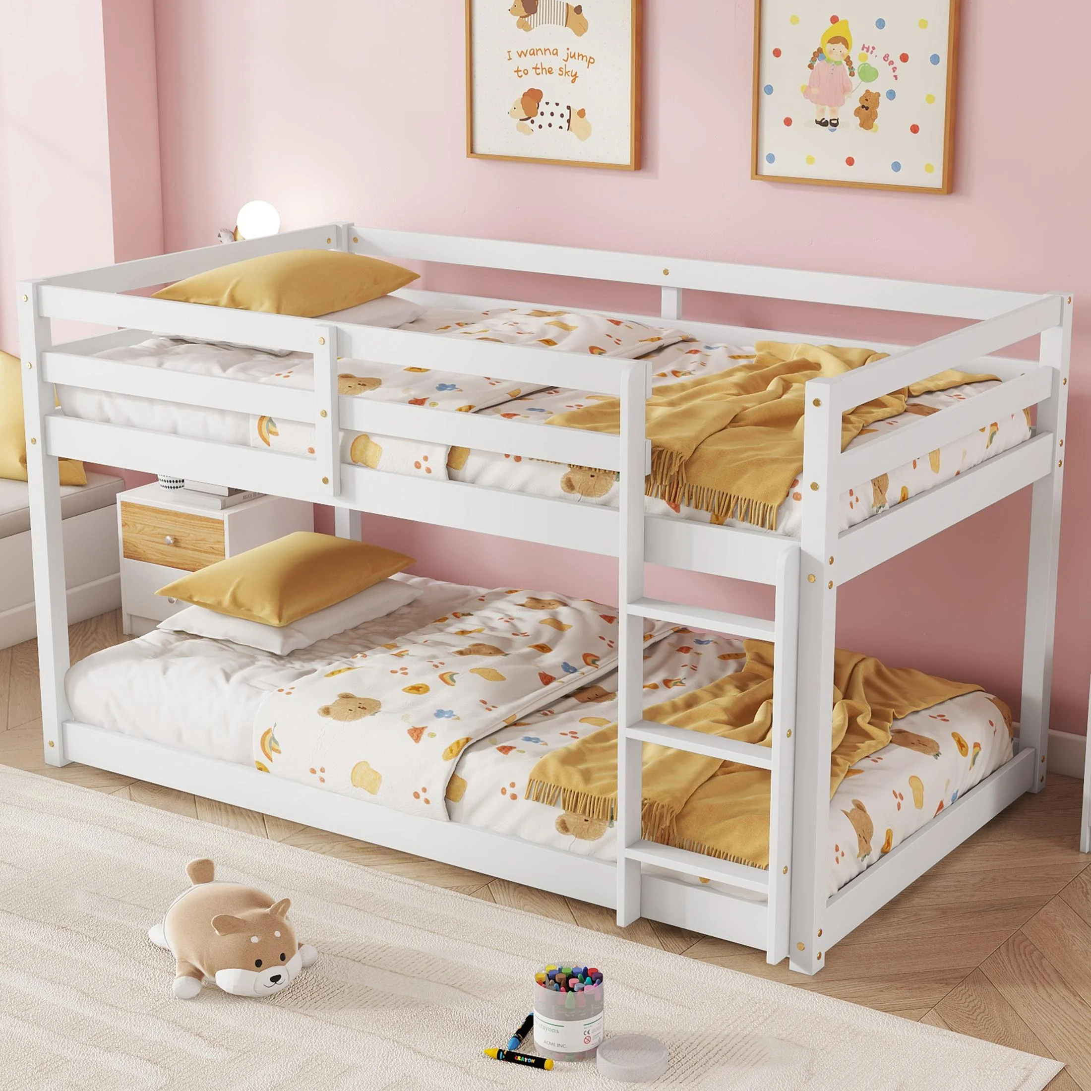 SESSLIFE Bunk Bed Twin Over Twin, Low Floor Bunk Bed with Guard Rails for Dorm, Small Space, No Box Spring Needed(White)