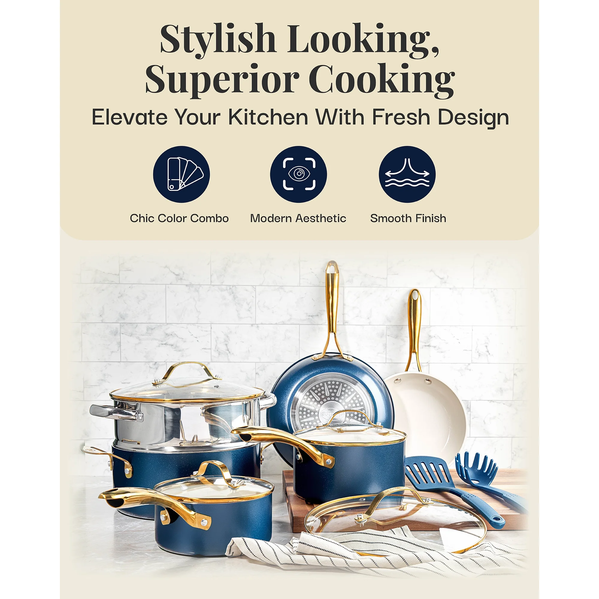 Gotham Steel 15 Pc Ceramic Cookware Set Nonstick, Ceramic Pots and Pans Set Non Stick with Steamer & Cooking Utensils, Non Toxic, Premium Stay Cool Handles, Oven & Dishwasher Safe, Blue