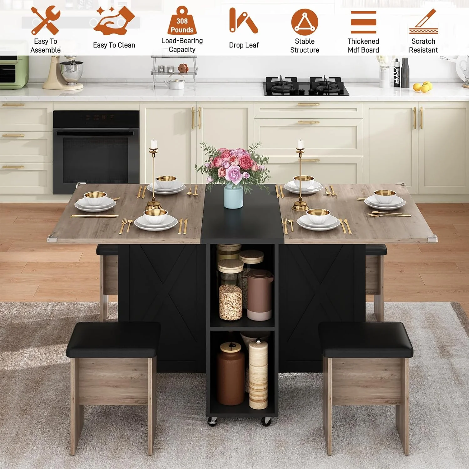 Blotout 5 Pcs Farmhouse Folding Dining Table Set for 4, 60'' Drop Leaf Table Set with 4 Leather Chairs & 2-Layer Storage Shelf & 6 Wheels, Space Saving Foldable Kitchen Table for Small Spaces, Grey