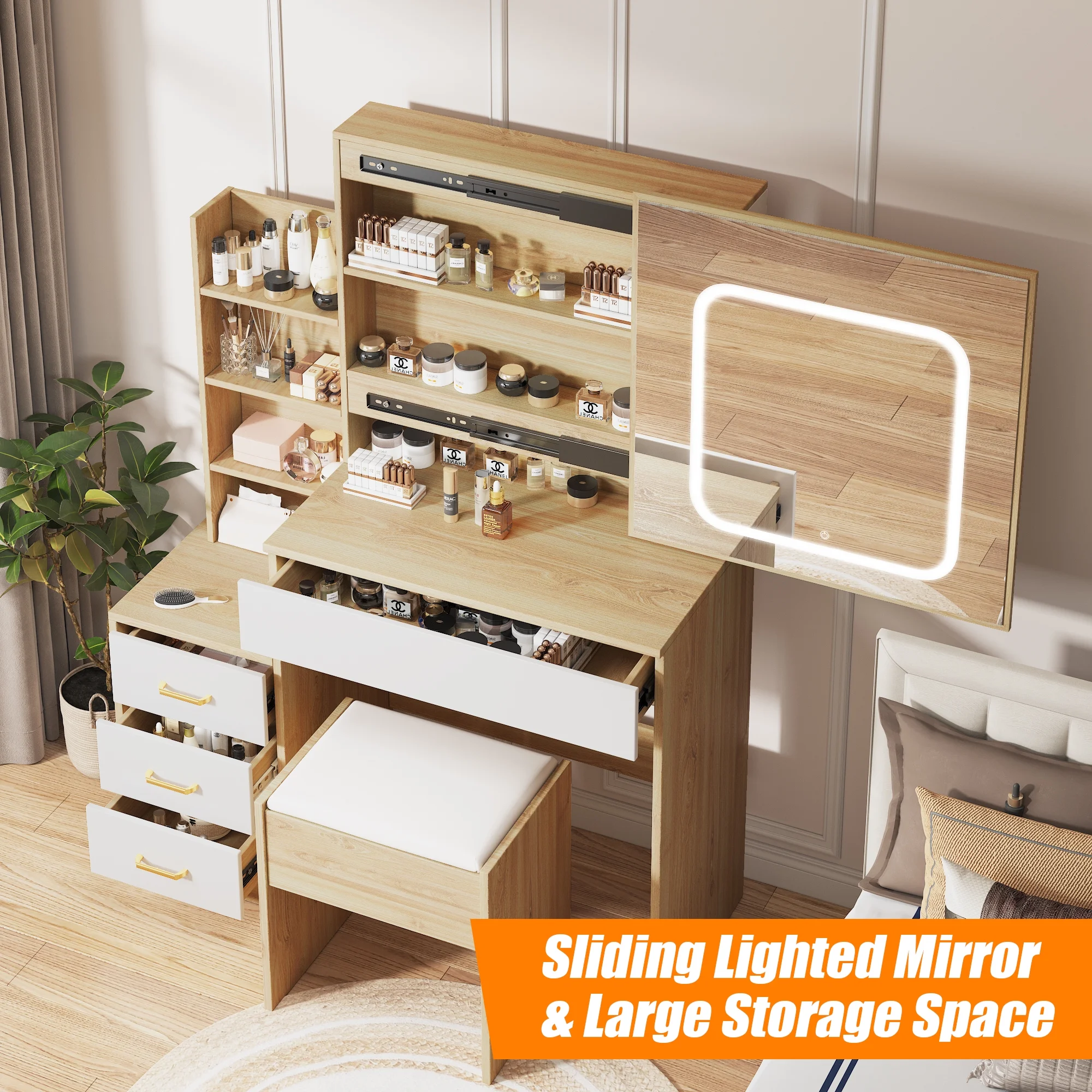 Vanity Desk with Sliding Mirror and Lights, Makeup Vanity Set with 4 Drawers, Stool, Power Outlet, Open Shelves, 3 Color Adjustable Lighting Modes, Makeup Dressing Table for Bedroom, White
