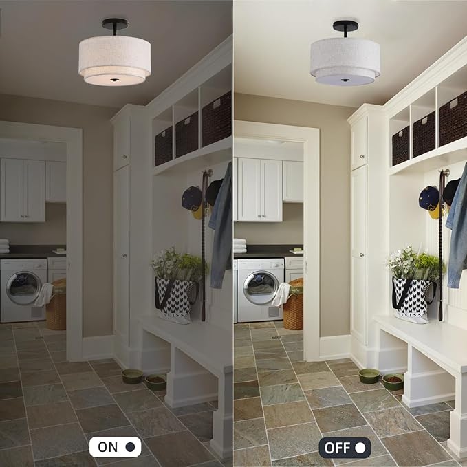 MELLOWWLITE 3-Light Modern Close to Ceiling Light with 2-Layer Linen Fabric Shade