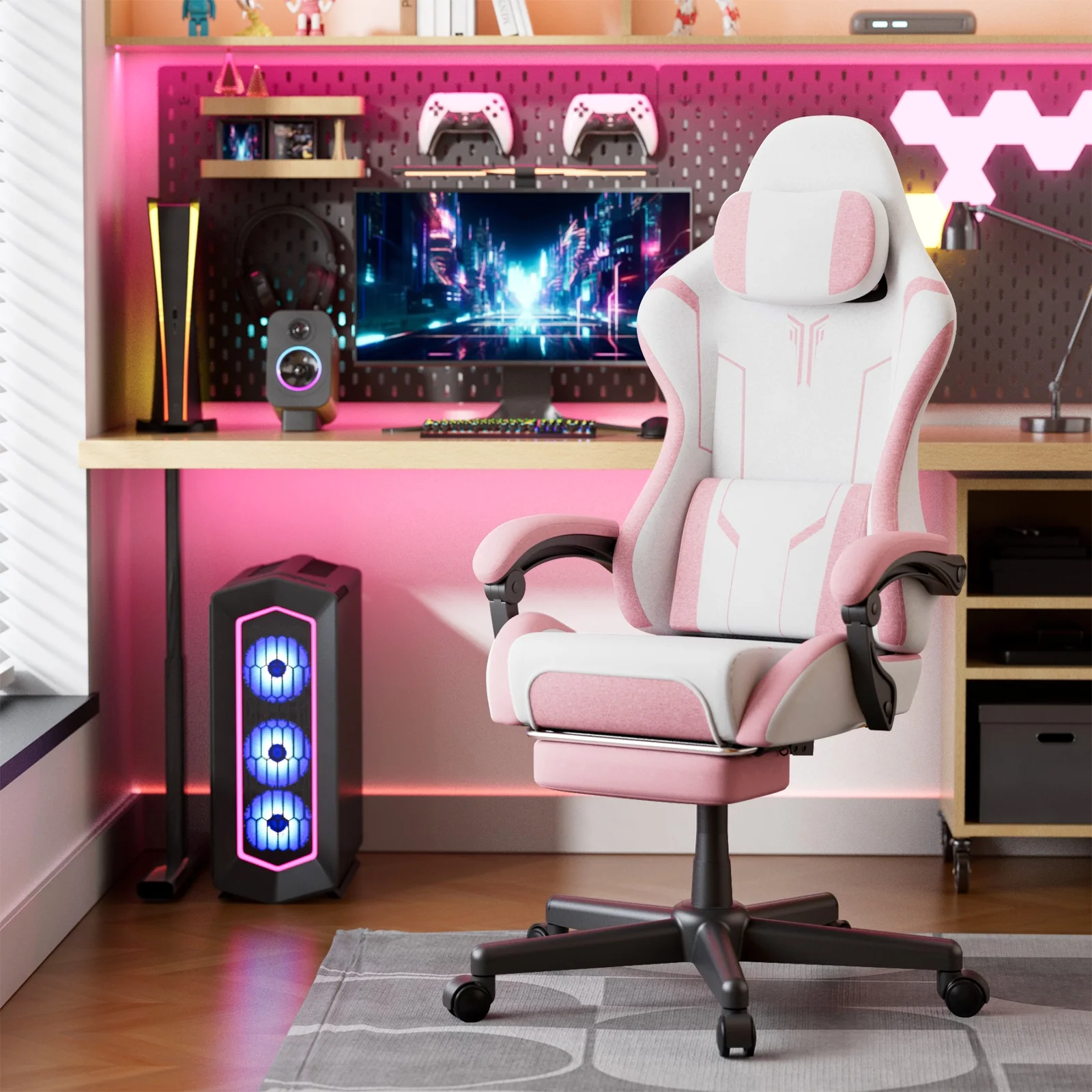 SOONTRANS Gaming Chair for Adults, Velvet Fabric High Back Comfortable Video Game Chair with Footrest and Massage Lumbar Cushion, Racing Computer Desk Chair, Ergonomic Gamer Chair, Black/Grey