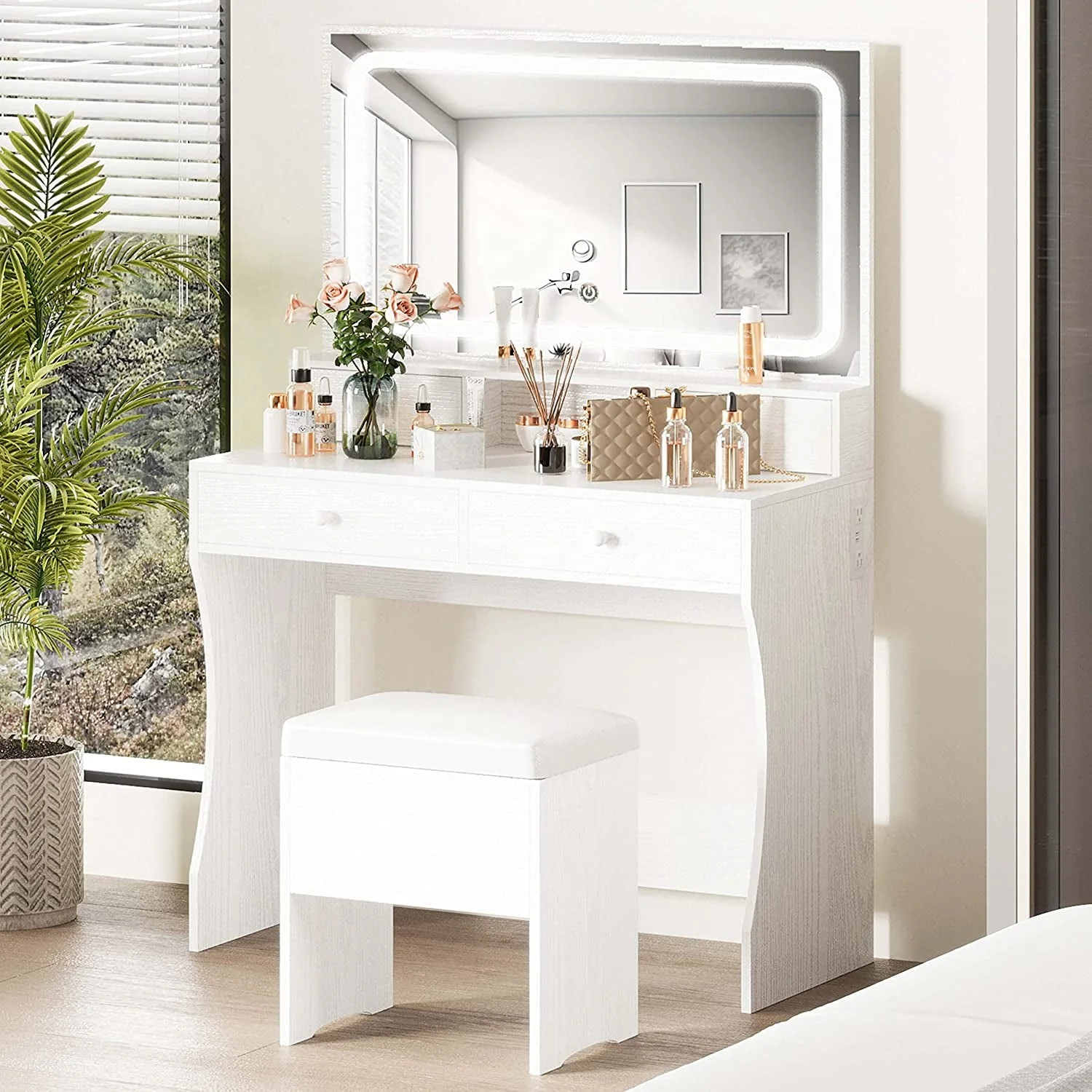 IRONCK Vanity Makeup Table Desk Set with LED Light Mirror & Power Outlet,  with 4 Drawers,Modern White