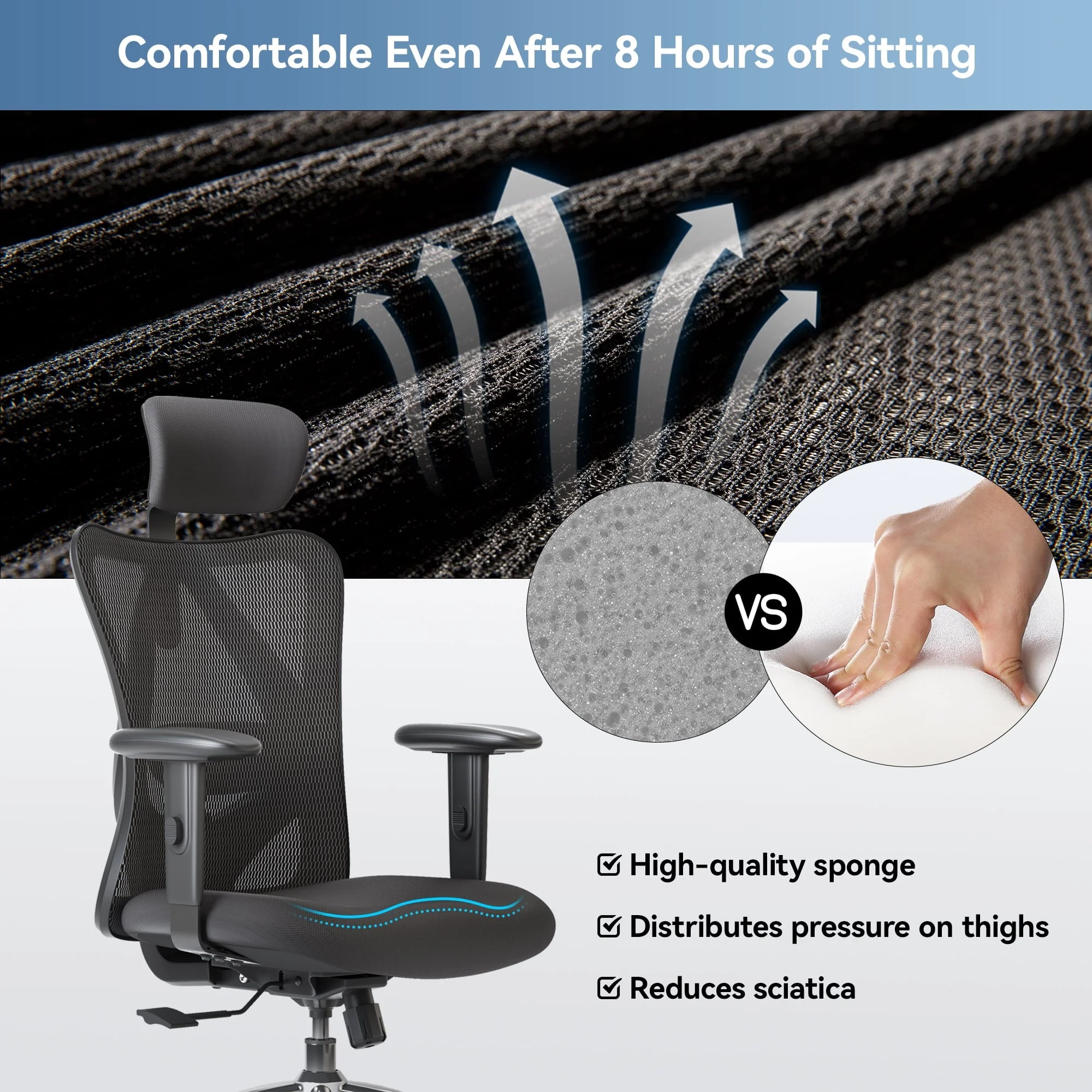 SIHOO Ergonomic Office Chair, Mesh Computer Desk Chair with Adjustable Lumbar Support, High Back chair for big and tall, Black