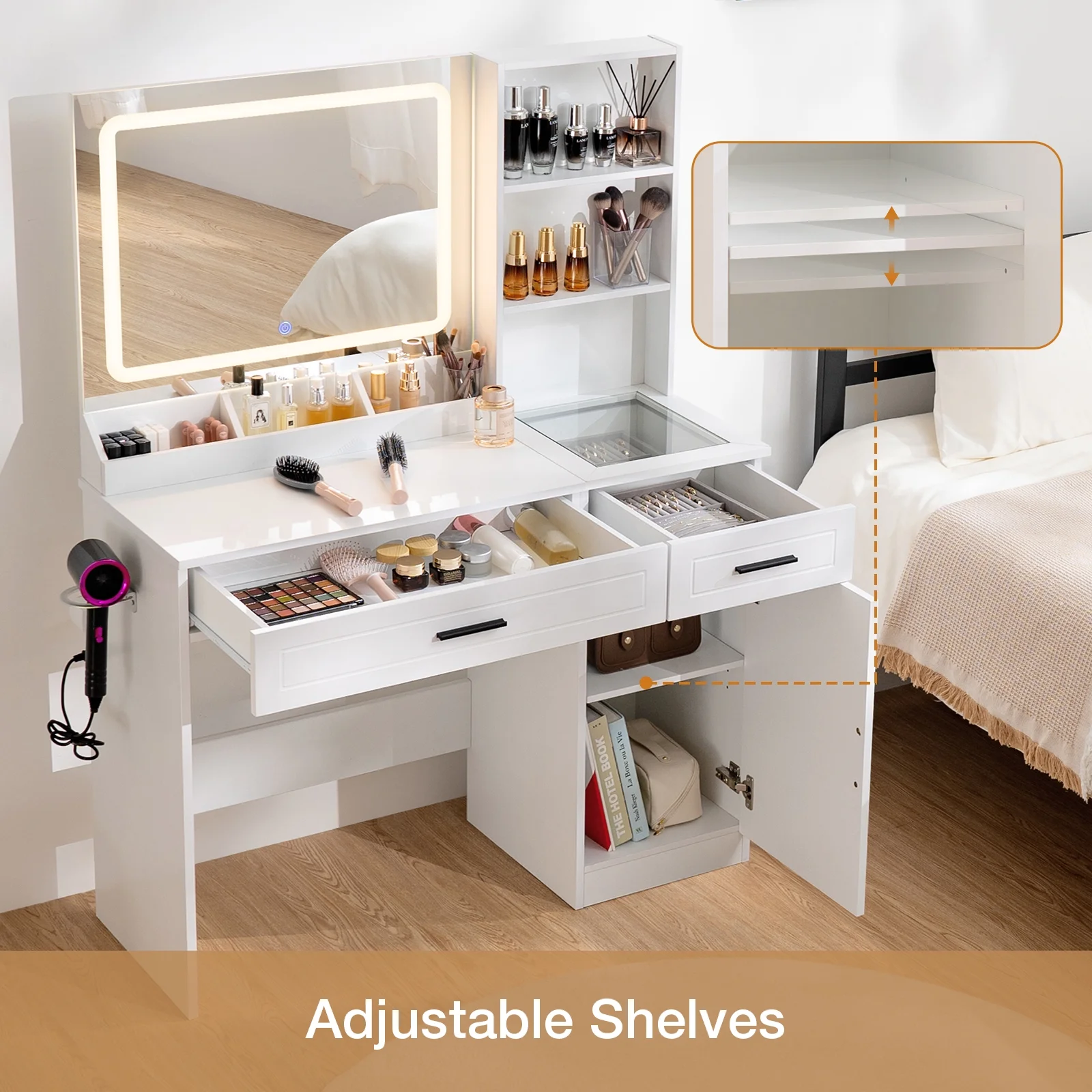 Hommpa Vanity, Makeup Vanity with LED Lighted Mirror Vanity Desk with Drawers Vanity Table with Charging Station for Girls Bedroom Storage Shelves, White