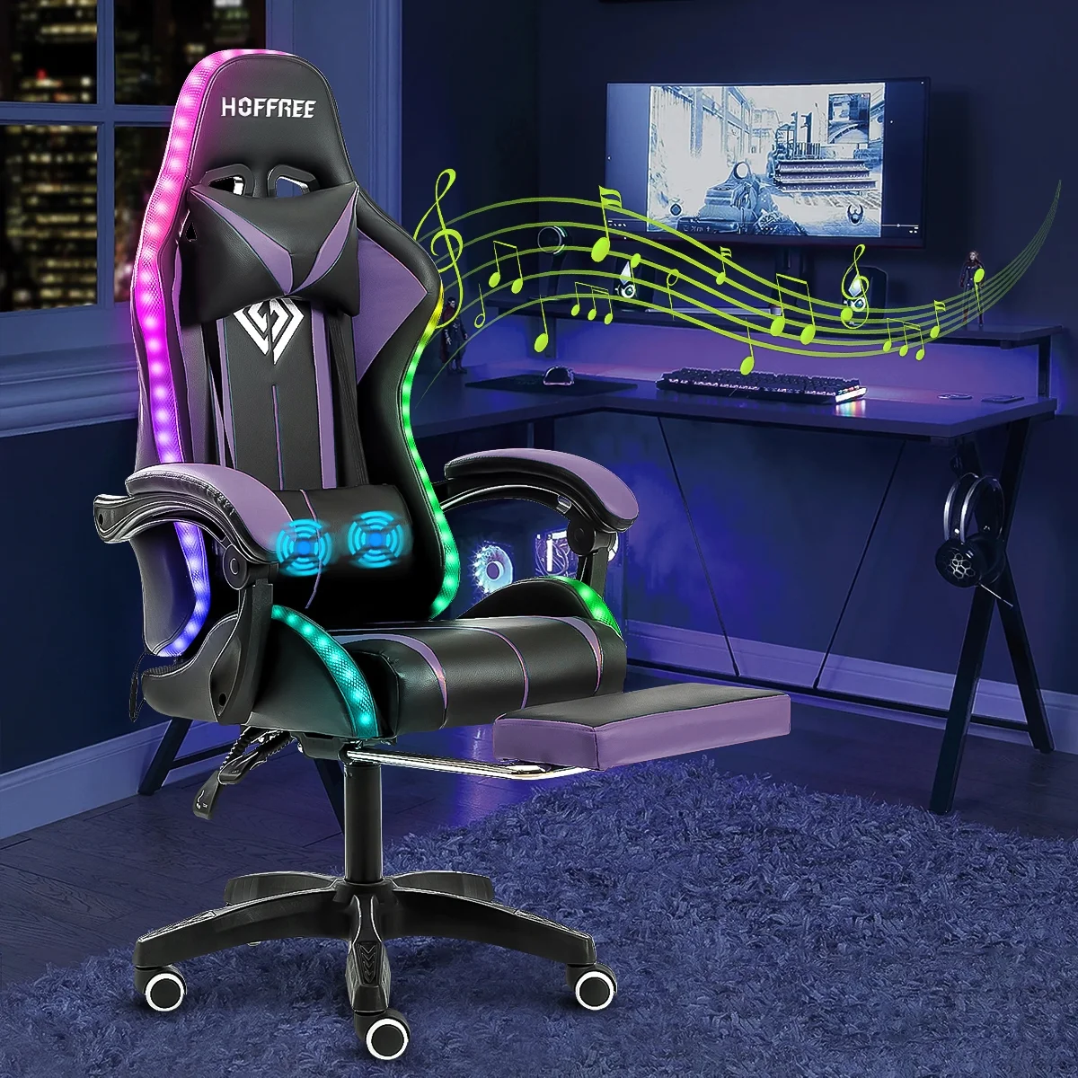 Hoffree Gaming Chair with Bluetooth Speakers and Footrest Massage Office Chair with LED Lights Ergonomic Game Chair High Back with Lumbar Support and Headrest Adjustable Swivel for Adults 300lb