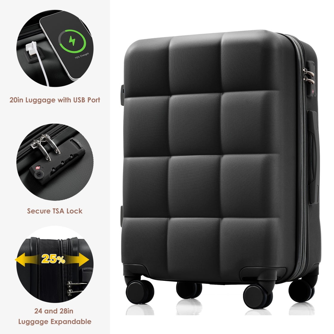 3 Piece Luggage Set , 20/24/28 inches Suitcase Set , ABS Hardshell Expandable Luggage Sets with TSA Lock,20-inch with USB Port, Carry On Luggage for Men Women, Pink