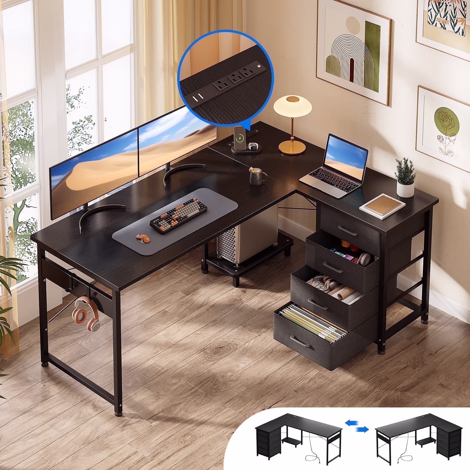 Reversible Modern Simple Style L Shaped Desk with Charging Station and Drawers, Pure Black
