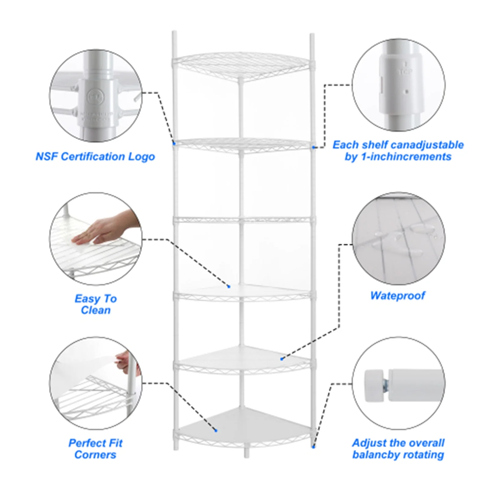 6 Tier Corner Storage Shelves, Wire Shelving Unit, Adjustable Metal Heavy Duty Free Standing Corner Storage Display Chrome Rack for Laundry Bathroom Kitchen Pantry Closet, Chrome