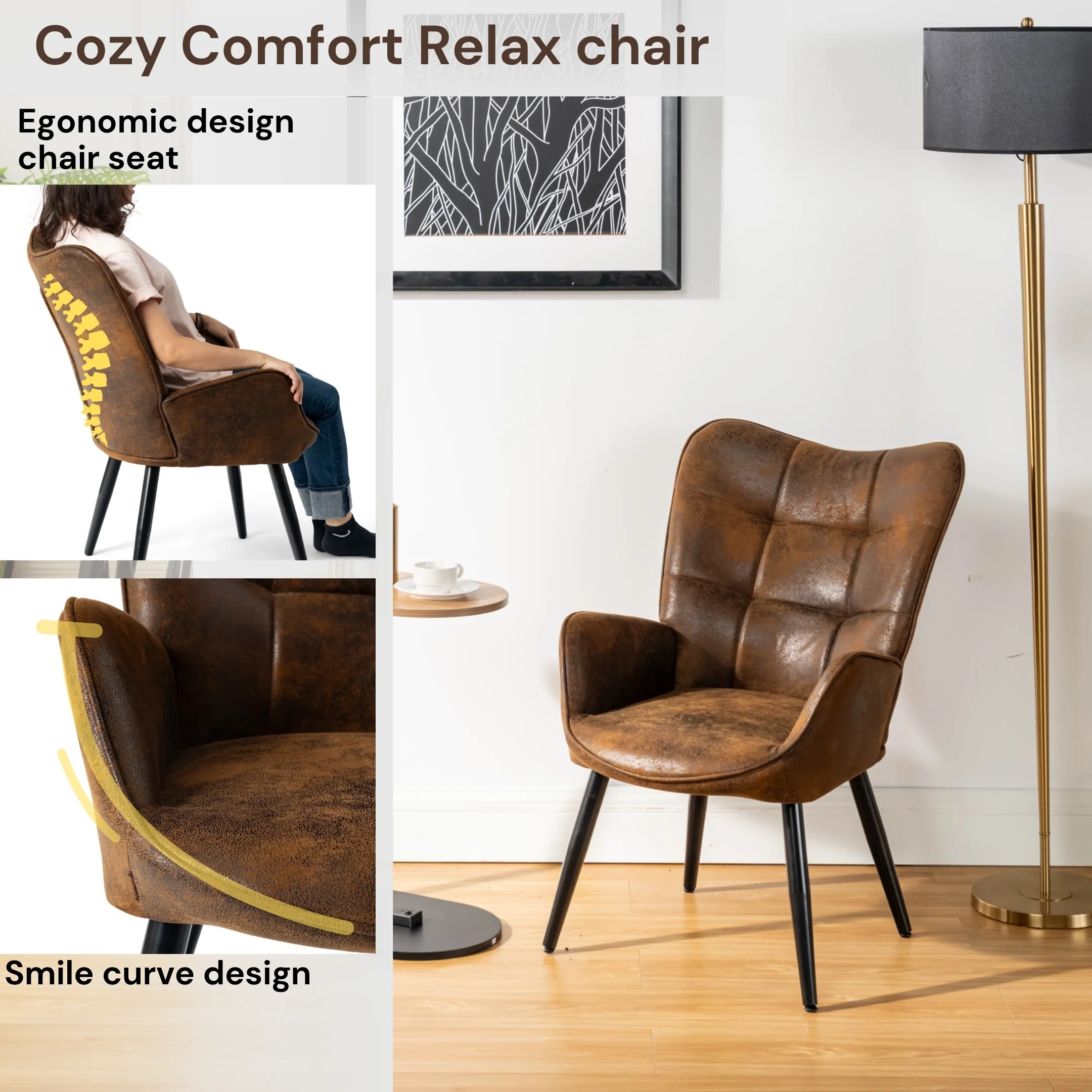 Living Room Desk Chair Leisure Chair - Nursery Desk chairs with Tufted Upholstery Wing Mid Back Metal Legs, Brown Suede Black Metal