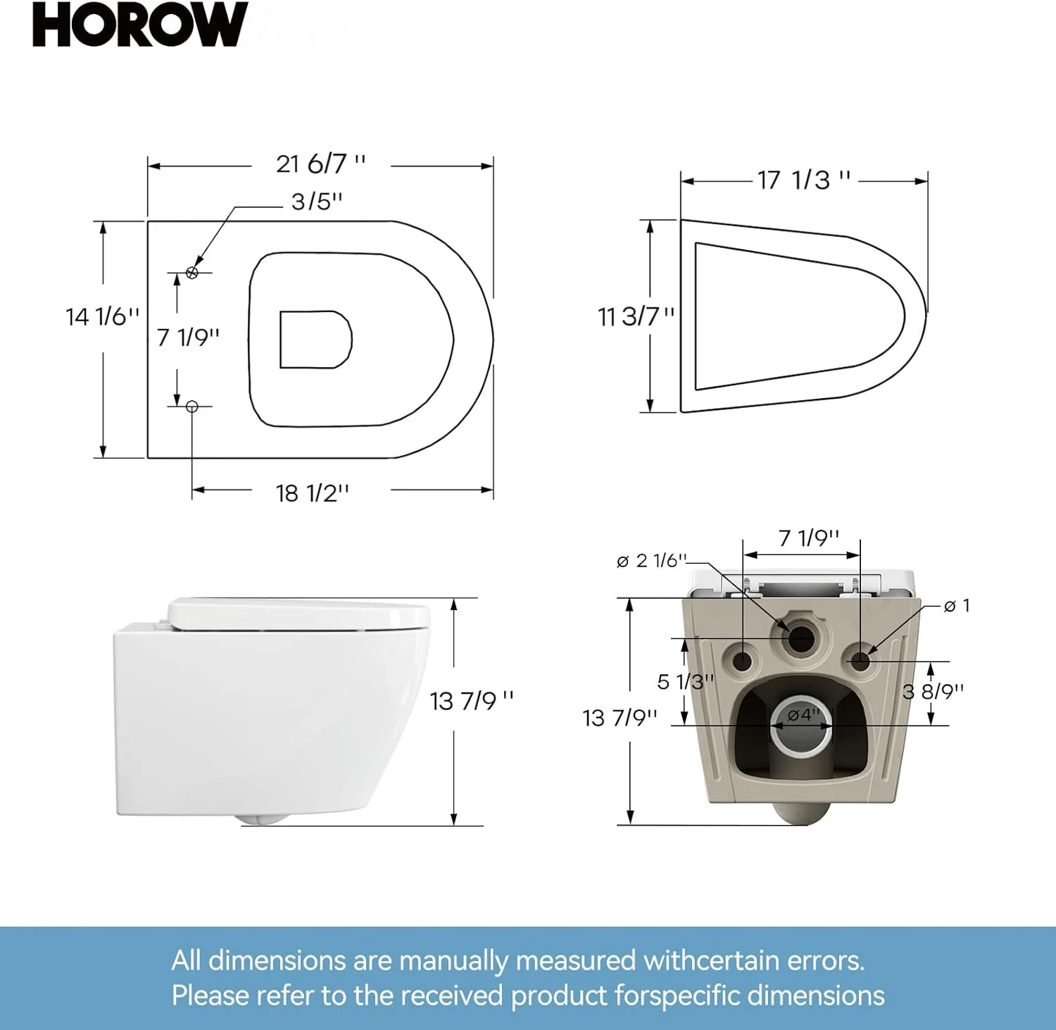 HOROW Wall Hung Toilet,with Soft Closing Seat,Round Floating Bowl, Rear Outlet Space Saving,White