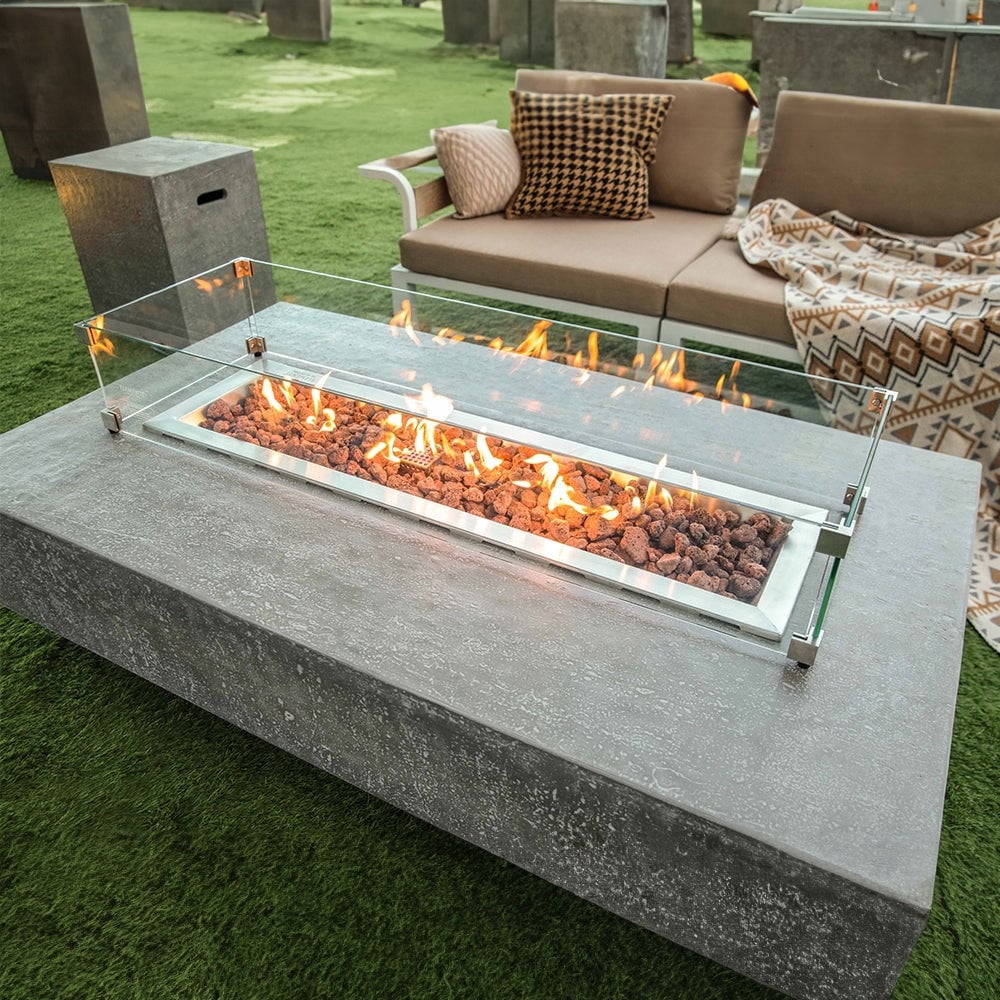 Elementi Outdoor Lunar Fire Bowl 42 Inches Grey Durable Fire Pit Table Glass Reinforced Concrete Round Fire Table Natural Gas Patio Fire Place Electronic Ignition Lava Rock Included