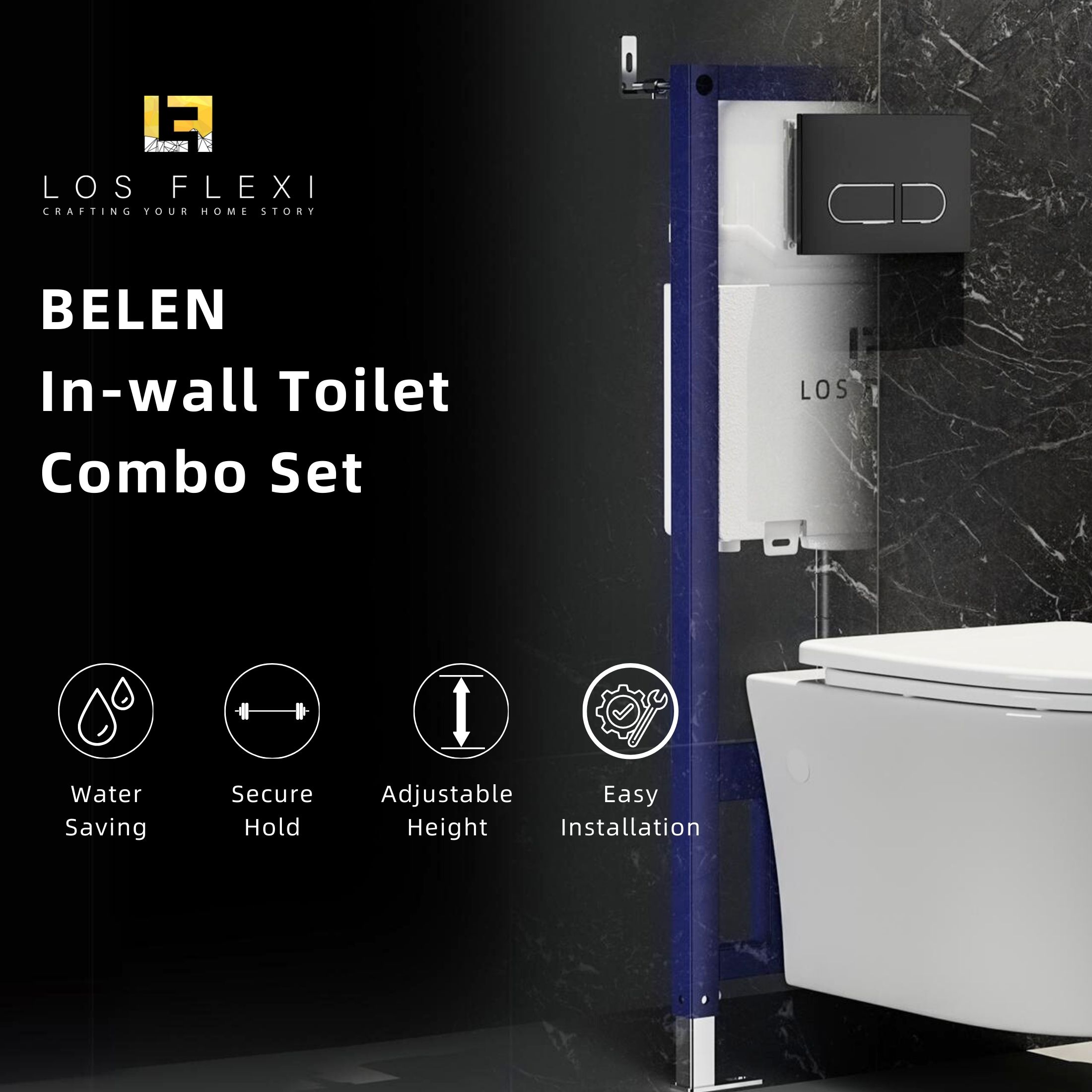 Los Flexi Compact Wall-Mount Toilet Set - Round Bowl, In-Wall Tank, Tornado Flush, Actuator Plate Included