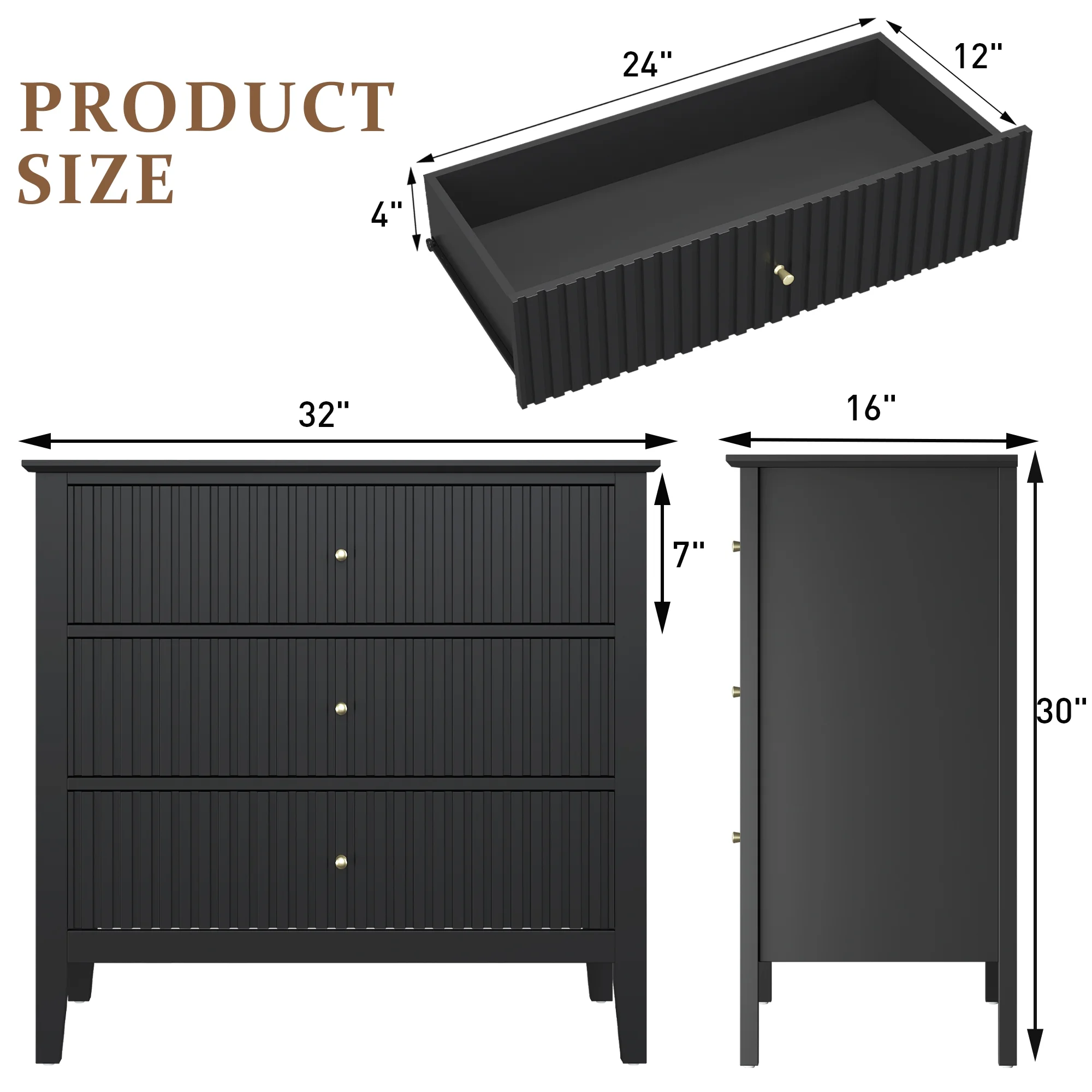 May Color Large White 3 Drawer Dresser Set of 2 with Fluted Panel, Modern Chest of Drawers with Silent Slide Drawers, Wood Accent Nightstand with Storage for Bedroom Living Room, Hallway