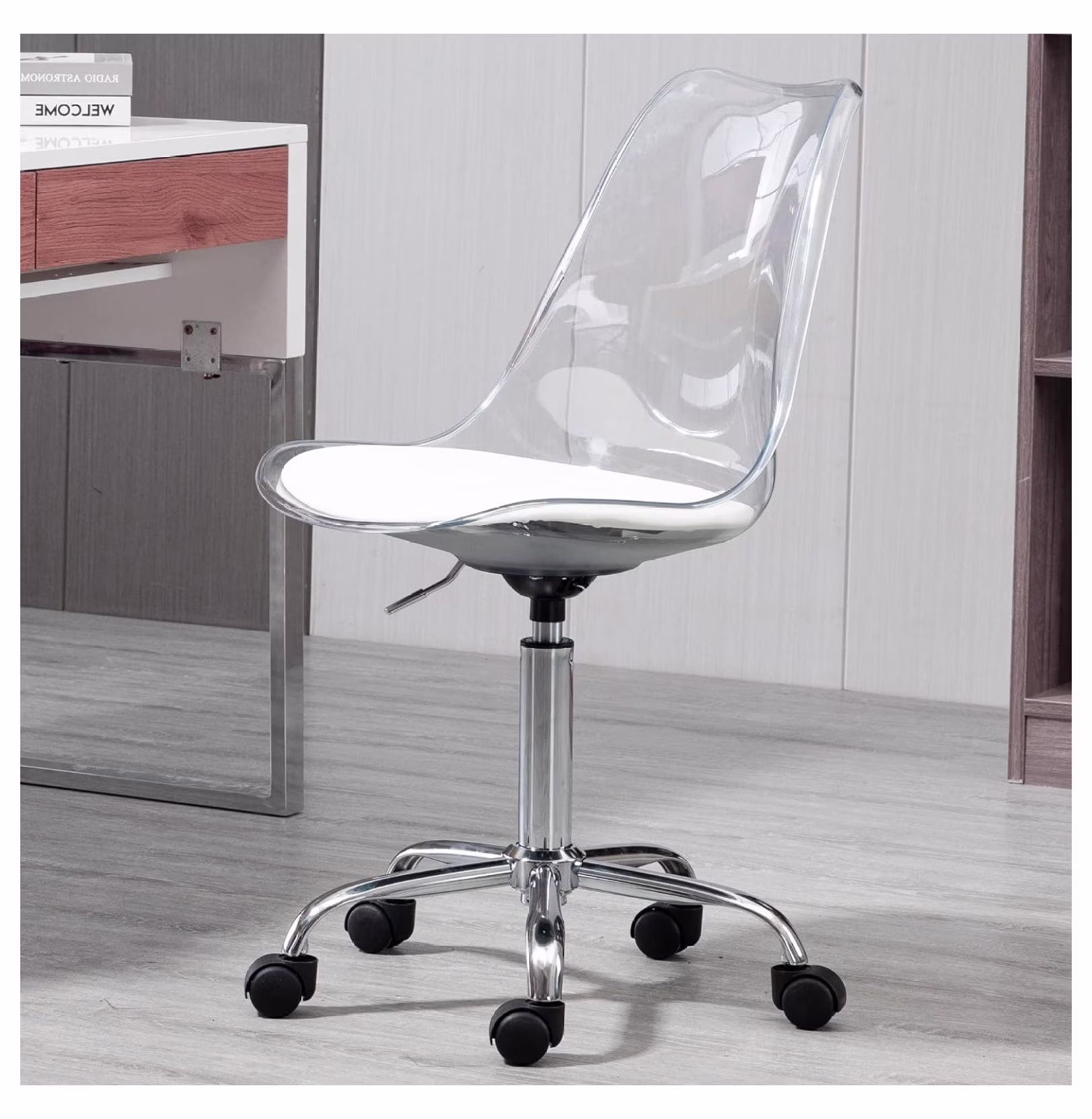 saney Clear Rolling Chair, Armless Desk Chair with Golden Feet Swivel Molded Plastic Shell Adjustable Home Office Chair with Wheels, Clear