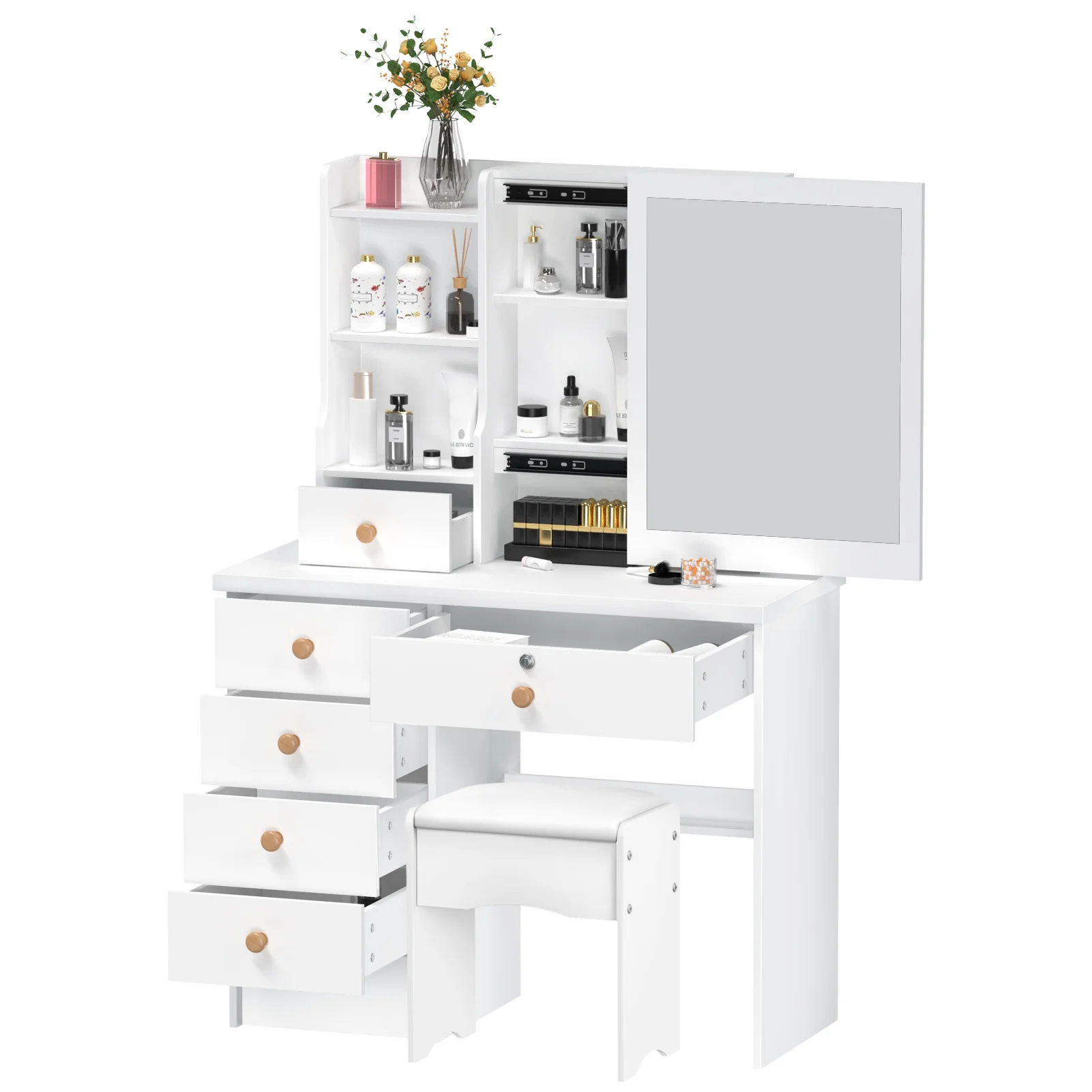 Fogcroll Vanity Desk with Mirror, Makeup Vanity with 6 Drawers and 3 Open Shelves Modern Vanity Set Dressing Table for Bedroom 31.5
